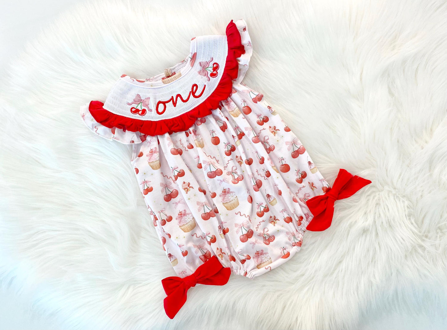 red cherries and pink bows first birthday girl romper pink red and white outfit, girls cherry sweet red white smocked bubble romper first birthday spring summer bows ruffle embroidered smocked short flutter sleeve 1st birthday outfit romper baby girl