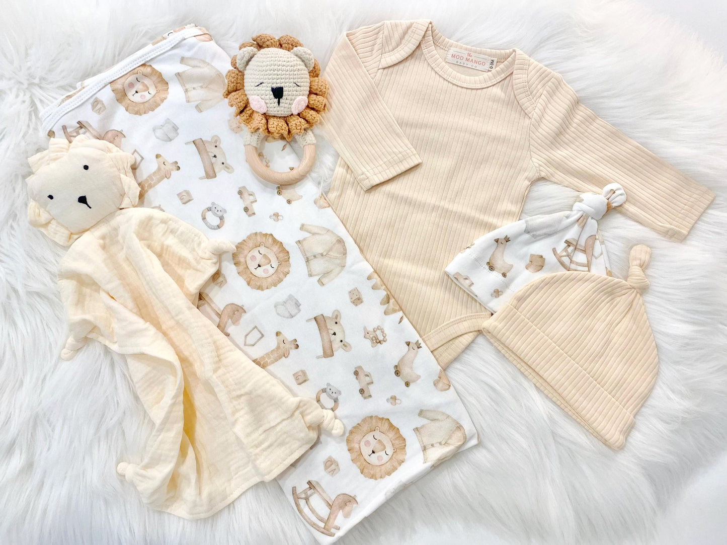 newborn neutral coming home outfit layette set baby boys lion swaddle blanket and knot hat set newborn blanket and newborn hat spring baby gift boy, baby lion tan white cream ivory beige shower gift set Newborn Boy Neutral Gift Set newborn boy gift