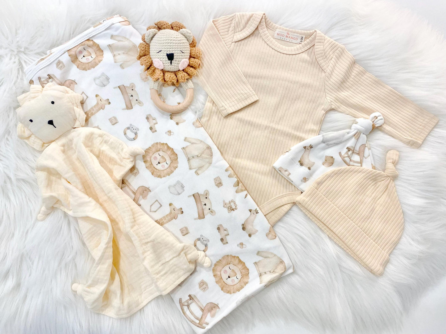 newborn neutral coming home outfit layette set baby boys lion swaddle blanket and knot hat set newborn blanket and newborn hat spring baby gift boy, baby lion tan white cream ivory beige shower gift set Newborn Boy Neutral Gift Set newborn boy gift