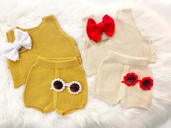 baby girls half 1/2 Birthday Outfit, chunky knit boho tank top and shorts bow headband baby sunglasses Outfit Girl, mustard Yellow brown cream tan, blush pink red summer 1/2 birthday outfit, half birthday, baby girl gift set outfit spring tank shorts