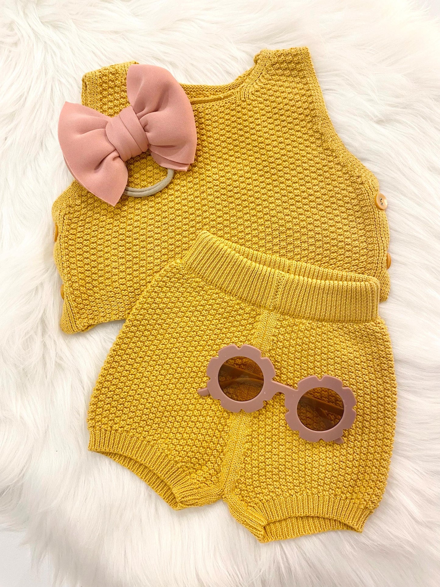 baby girls half 1/2 Birthday yellow daisy Outfit, chunky knit boho tank top and shorts bow headband baby sunglasses Outfit Girl, mustard Yellow brown cream tan, blush pink red summer 1/2 birthday outfit, half birthday, outfit spring tank shorts