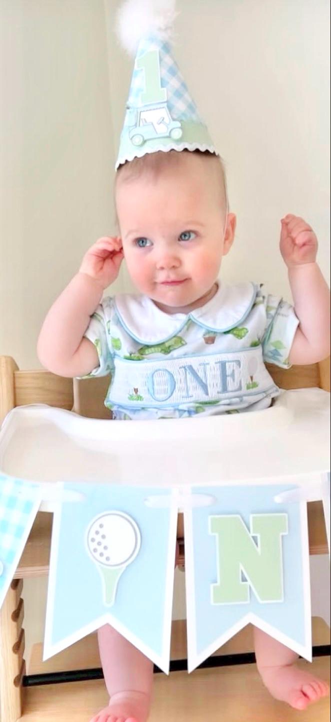 Golf First Birthday Smocked Romper: Boys Hole in ONE Par Tee Outfit