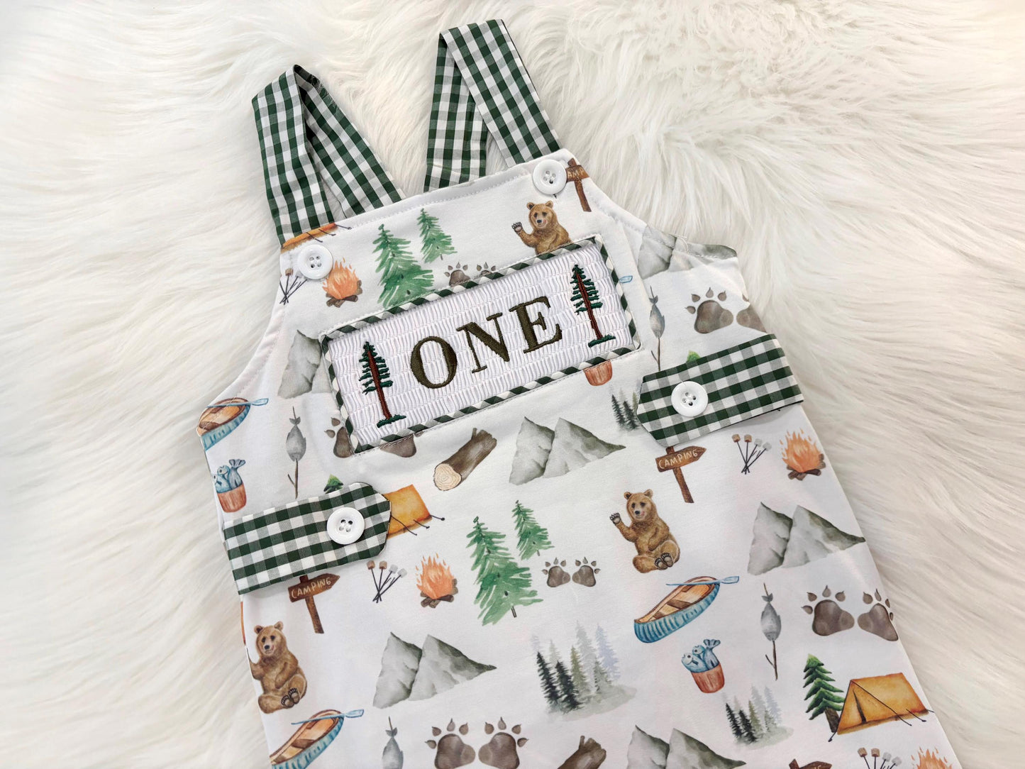 one happy camper first birthday boy romper camping hunter green white gingham tan beige brown smash cake outfit overalls, ONE smocked romper first birthday camping, outdoors embroidered smocked spring summer 1st birthday boy outfit romper baby boys