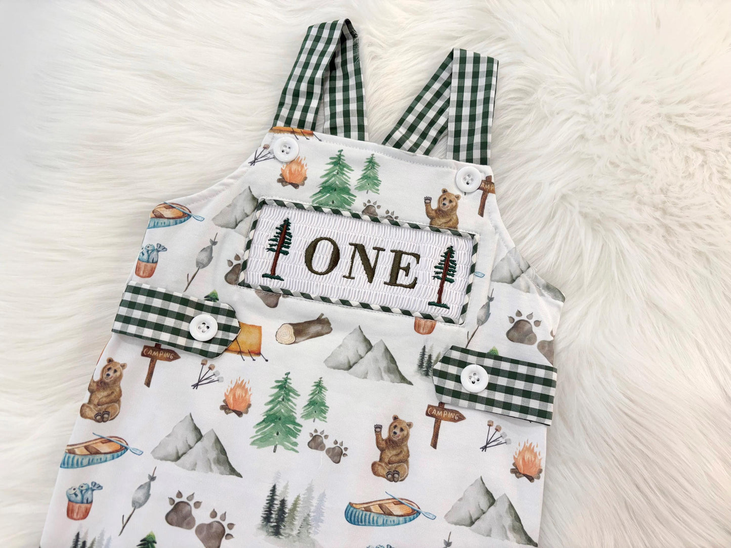 one happy camper first birthday boy romper camping hunter green white gingham tan beige brown smash cake outfit overalls, ONE smocked romper first birthday camping, outdoors embroidered smocked spring summer 1st birthday boy outfit romper baby boys