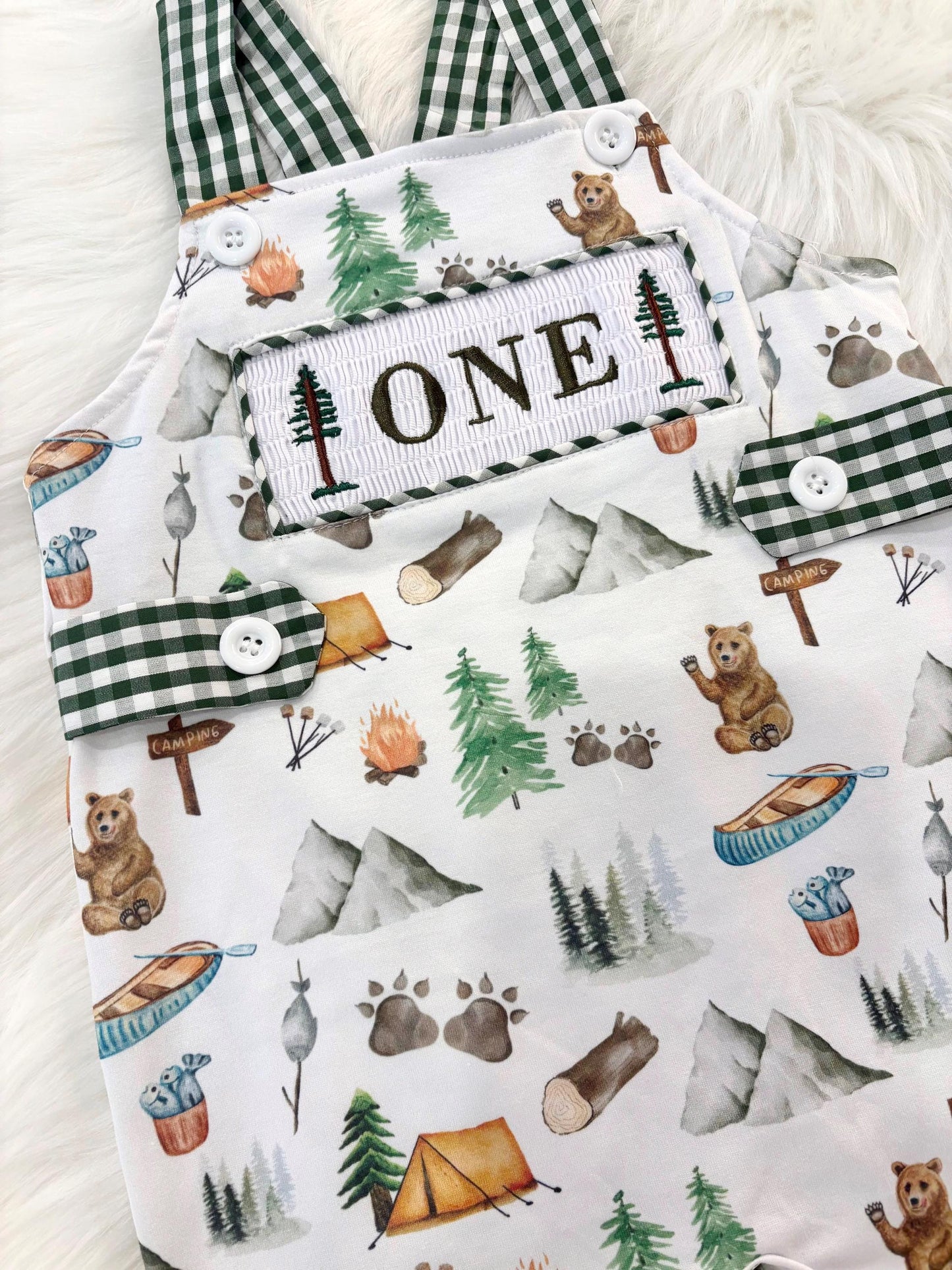one happy camper first birthday boy romper camping hunter green white gingham tan beige brown smash cake outfit overalls, ONE smocked romper first birthday camping, outdoors embroidered smocked spring summer 1st birthday boy outfit romper baby boys