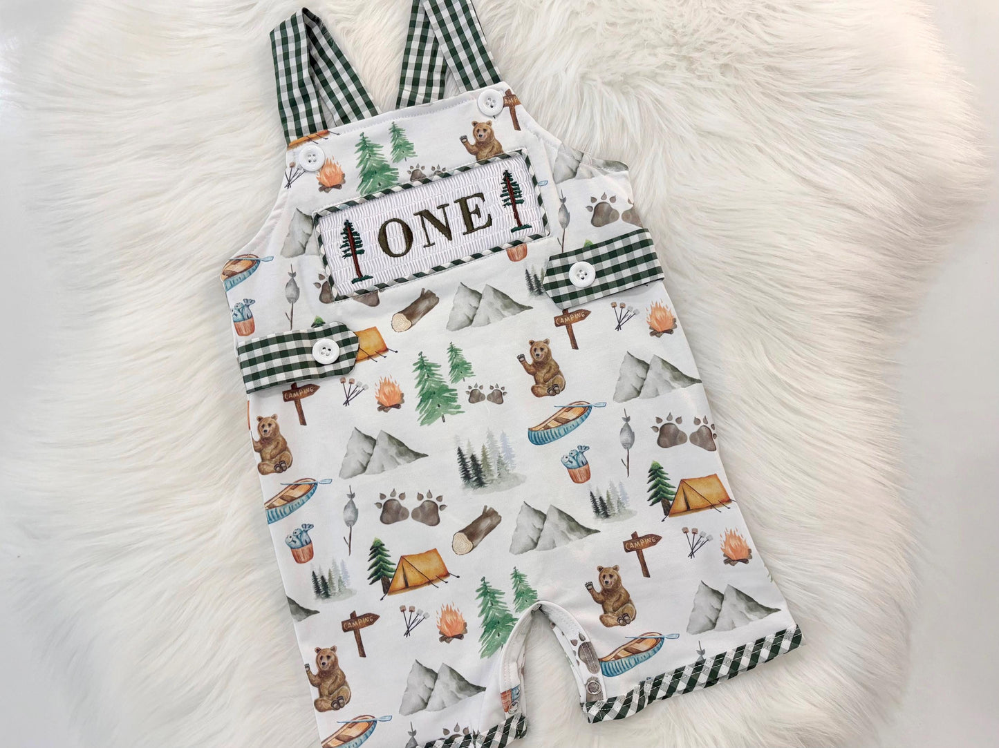 one happy camper first birthday boy romper camping hunter green white gingham tan beige brown smash cake outfit overalls, ONE smocked romper first birthday camping, outdoors embroidered smocked spring summer 1st birthday boy outfit romper baby boys