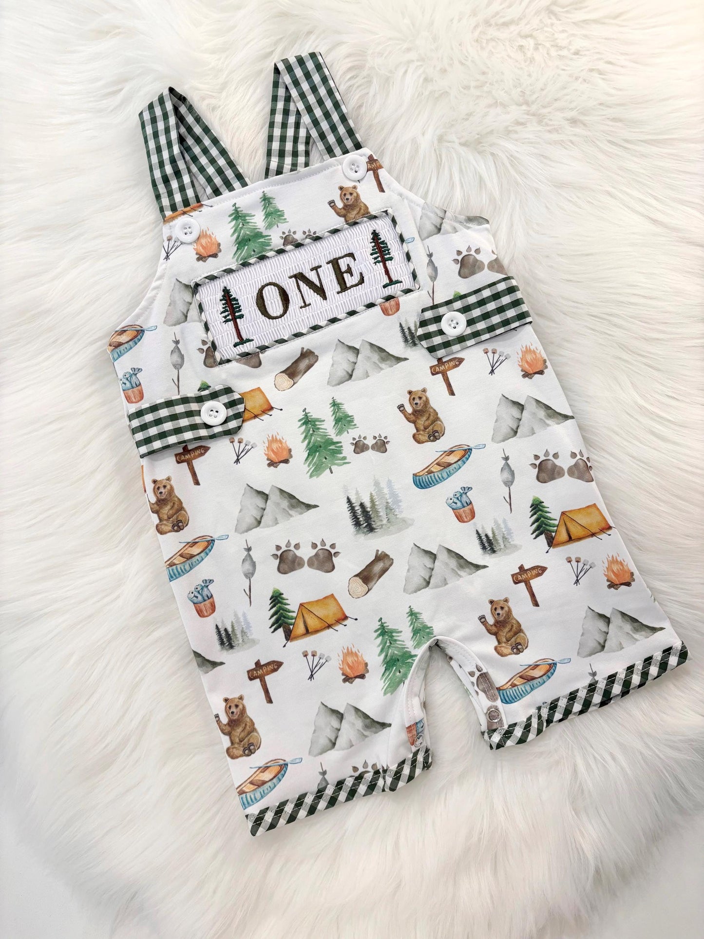 one happy camper first birthday boy romper camping hunter green white gingham tan beige brown smash cake outfit overalls, ONE smocked romper first birthday camping, outdoors embroidered smocked spring summer 1st birthday boy outfit romper baby boys