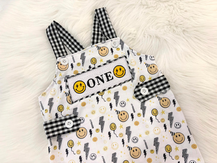 one happy dude first birthday boy romper smiley face yellow black white checkered gingham rad lightning bolt eyes smiley face smash cake outfit overalls, ONE smocked romper first birthday happy boy, happy face embroidered smocked spring summer 1st birthday boy outfit romper baby boys