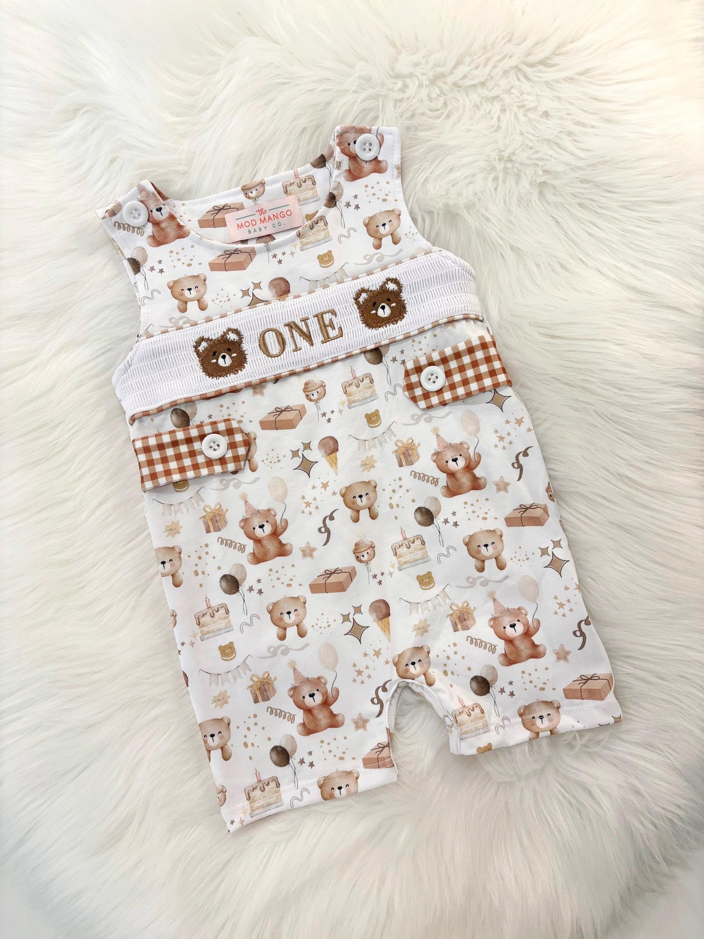 beary first birthday boy romper teddy bear shortalls brown tan beige white gingham smash cake outfit overalls, ONE smocked romper first birthday bears, teddy bear embroidered smocked spring summer fall 1st birthday boy outfit romper baby boys beary 1st birthday