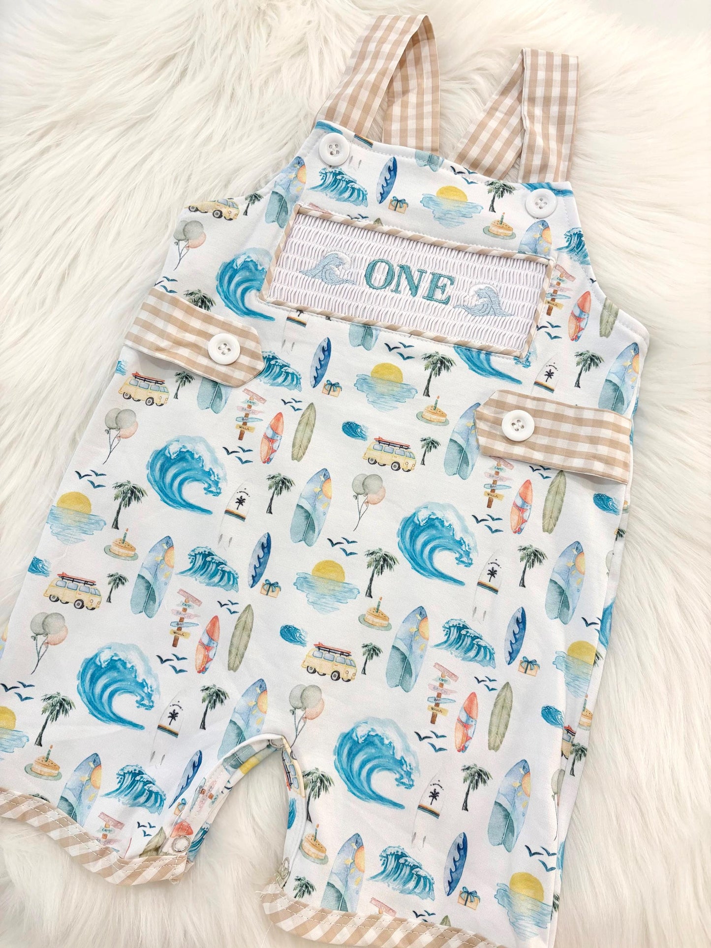 the big one first birthday boy romper my first wave summer beach surfer aqua blue tan white gingham yellow smash cake outfit overalls, ONE smocked romper first birthday beach party surfing, ocean embroidered smocked spring summer 1st birthday boy outfit romper baby boys