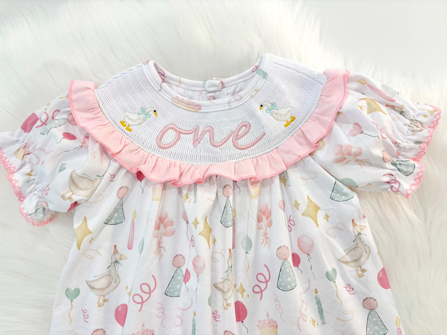 one silly goose girls first birthday dress outfit hot pink first birthday girl dress pink and white outfit, pink sage green smocked dress first birthday embroidered goose smocked short sleeve 1st birthday outfit ruffle dress baby girls