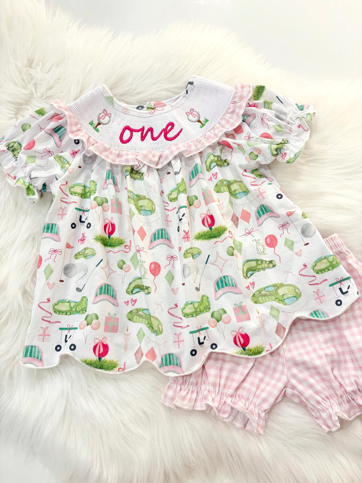 hole in one golf outfit shirt and bubble shorts first birthday girl romper spring baby pink and white gingham argyle green hot pink scalloped shirt shorts outfit, ONE smocked romper first birthday par tee, golfing golf balls embroidered smocked 1st birthday outfit romper baby girls golf first birthday outfit