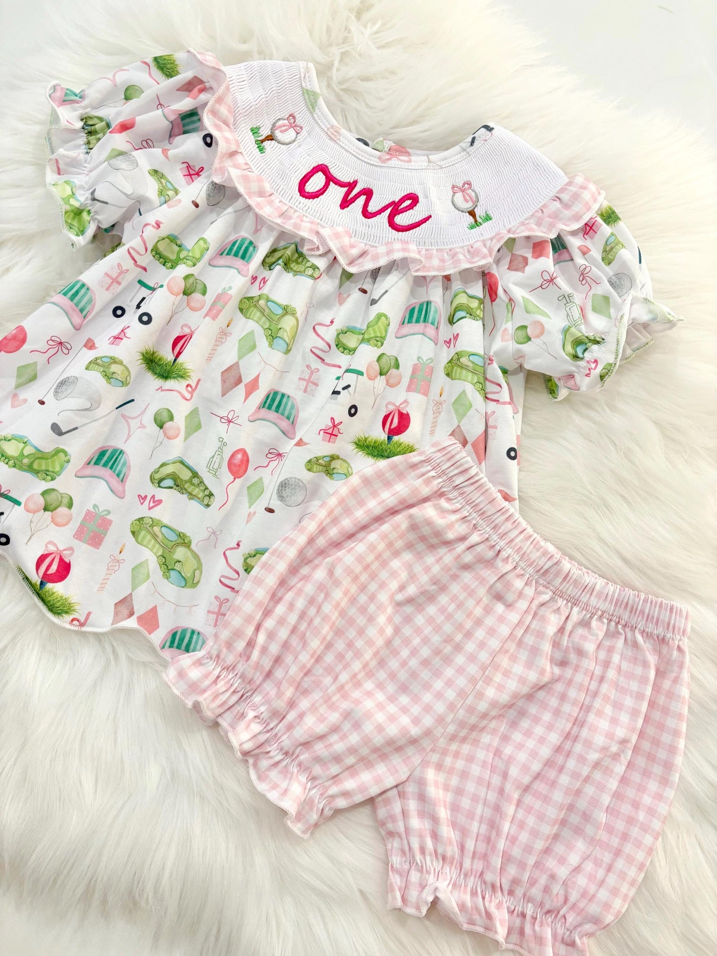 hole in one golf outfit shirt and bubble shorts first birthday girl romper spring baby pink and white gingham argyle green hot pink scalloped shirt shorts outfit, ONE smocked romper first birthday par tee, golfing golf balls embroidered smocked 1st birthday outfit romper baby girls golf first birthday outfit