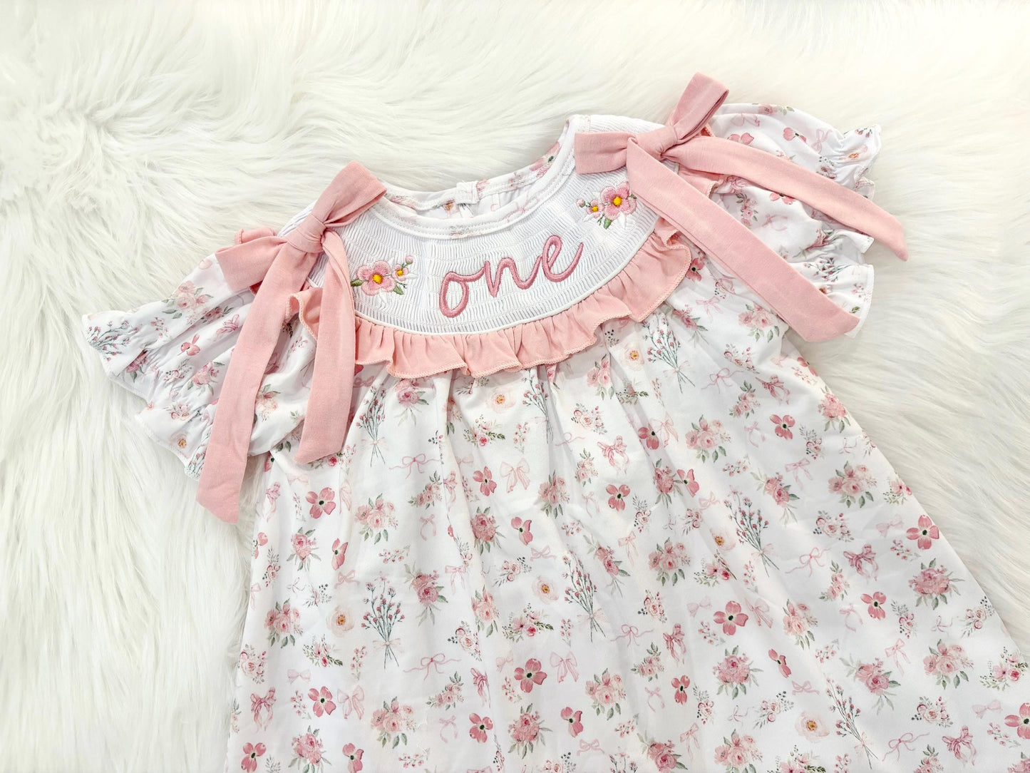 wild one wildflower girls first birthday dress outfit blush pink flowers and bows first birthday girl dress pink and white outfit, dusty rose blush pink green floral smocked dress first birthday embroidered flowers smocked short sleeve 1st birthday outfit ruffle scalloped dress