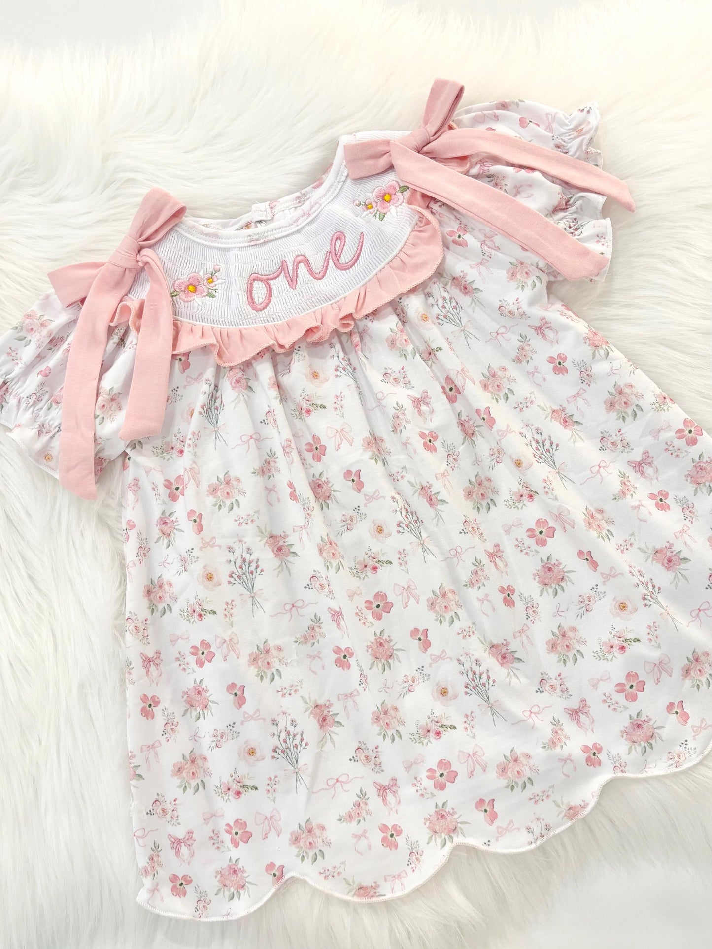 wild one wildflower girls first birthday dress outfit blush pink flowers and bows first birthday girl dress pink and white outfit, dusty rose blush pink green floral smocked dress first birthday embroidered flowers smocked short sleeve 1st birthday outfit ruffle scalloped dress
