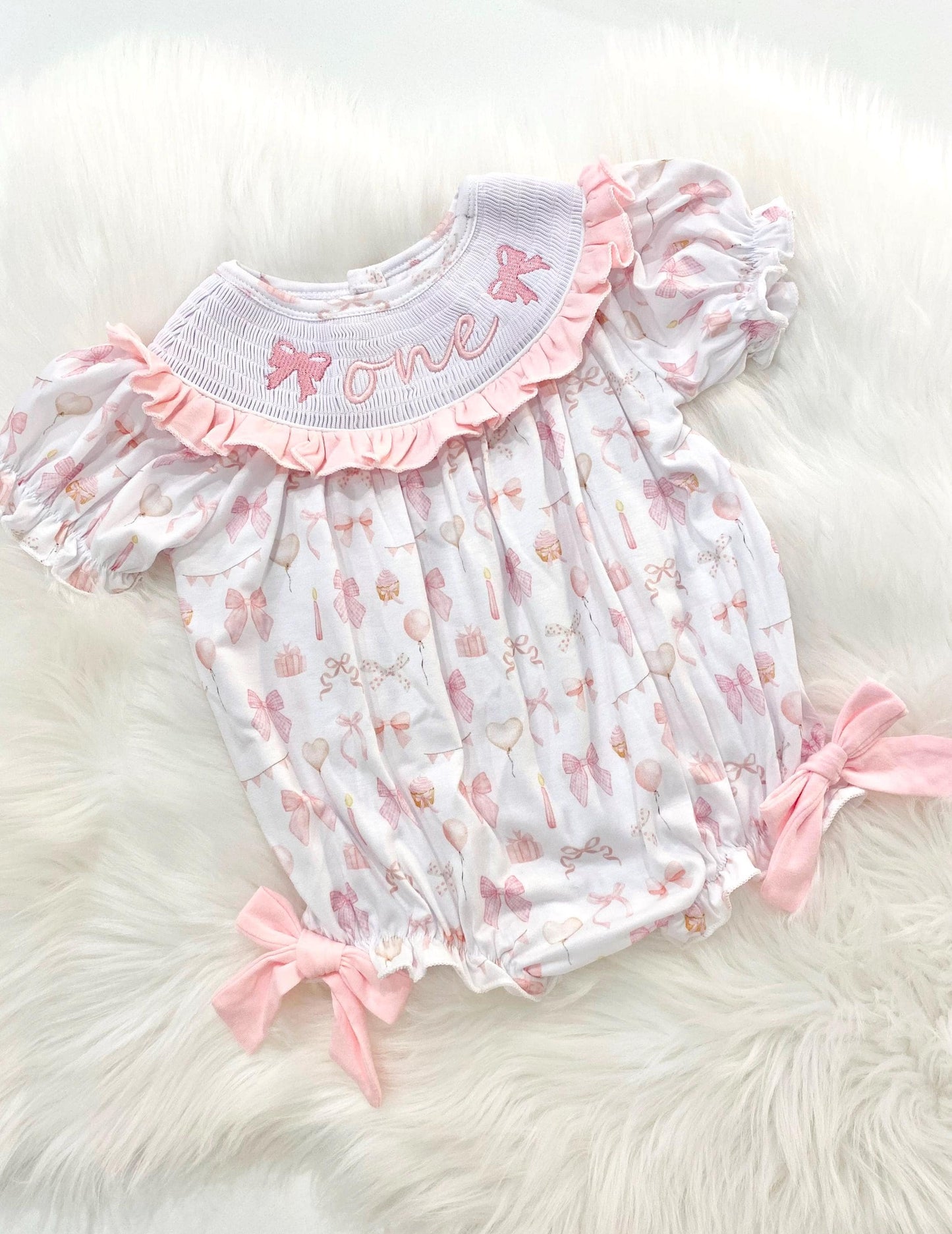 Pink Bow ONE First Birthday Girl Outfit Coquette Smocked Bubble Romper