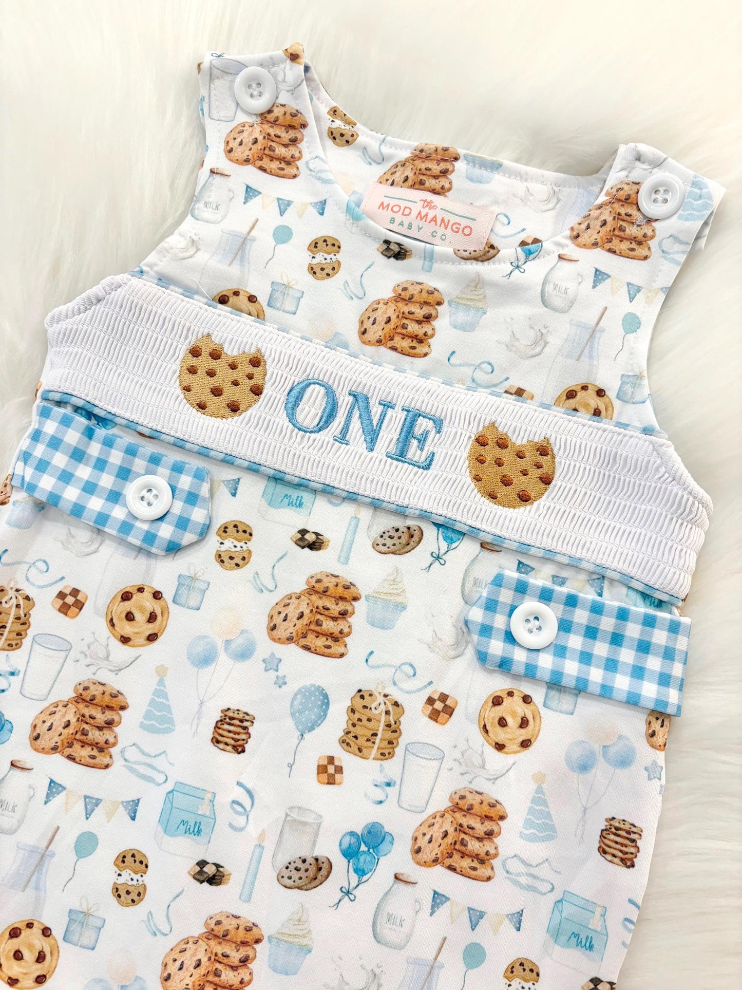 milk and cookies birthday boy romper sweet one cookies shortalls brown tan blue white gingham smash cake outfit overalls, ONE smocked romper first birthday cookies, milk and cookies embroidered smocked spring summer fall 1st birthday boy outfit romper baby boys sweets 1st birthday