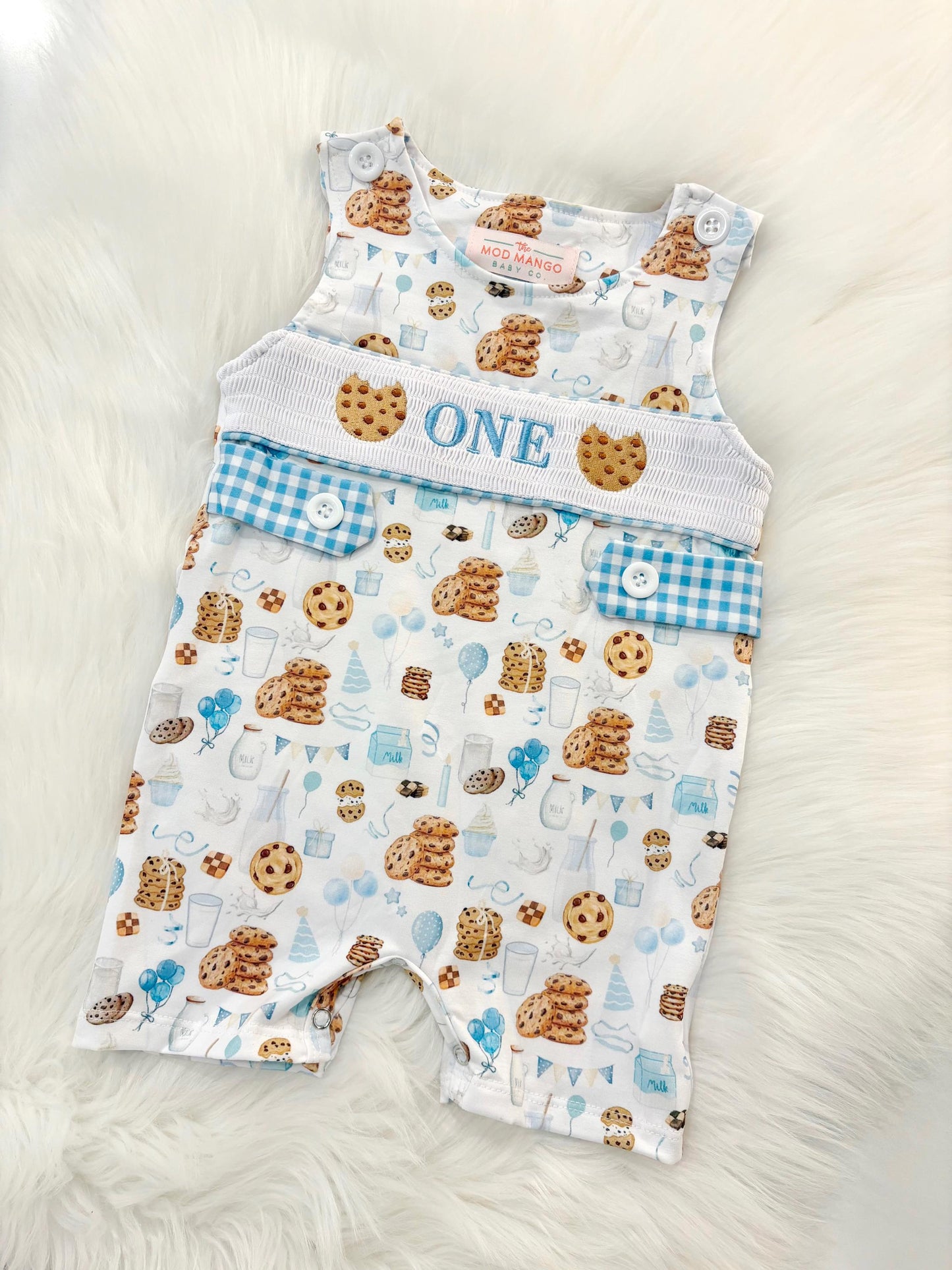 milk and cookies birthday boy romper sweet one cookies shortalls brown tan blue white gingham smash cake outfit overalls, ONE smocked romper first birthday cookies, milk and cookies embroidered smocked spring summer fall 1st birthday boy outfit romper baby boys sweets 1st birthday
