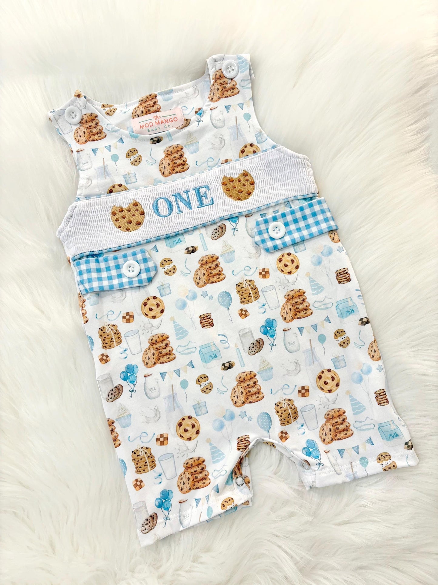 milk and cookies birthday boy romper sweet one cookies shortalls brown tan blue white gingham smash cake outfit overalls, ONE smocked romper first birthday cookies, milk and cookies embroidered smocked spring summer fall 1st birthday boy outfit romper baby boys sweets 1st birthday