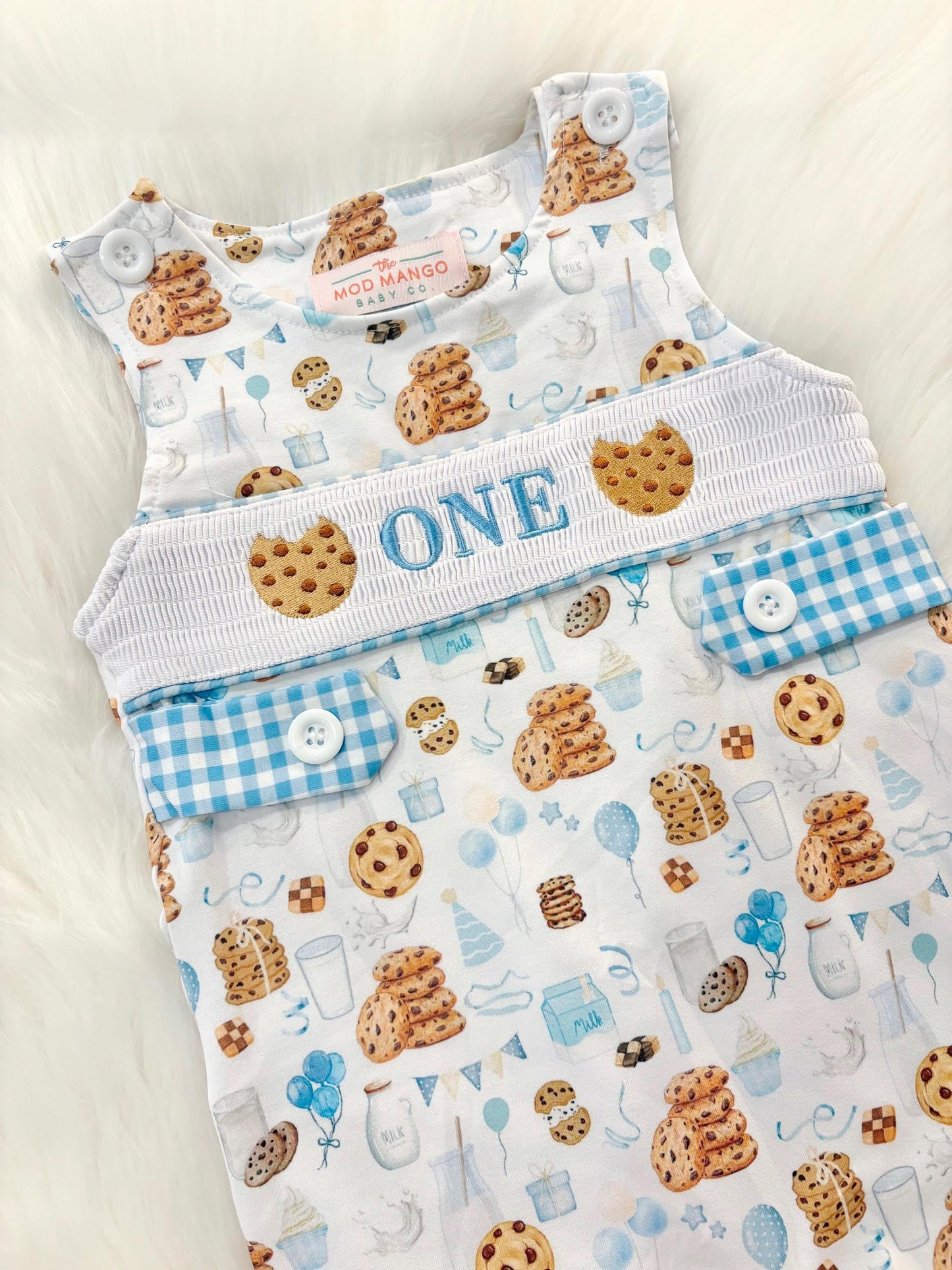 milk and cookies birthday boy romper sweet one cookies shortalls brown tan blue white gingham smash cake outfit overalls, ONE smocked romper first birthday cookies, milk and cookies embroidered smocked spring summer fall 1st birthday boy outfit romper baby boys sweets 1st birthday