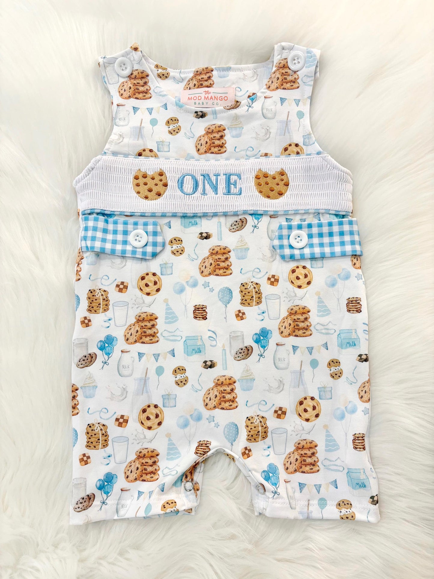 milk and cookies birthday boy romper sweet one cookies shortalls brown tan blue white gingham smash cake outfit overalls, ONE smocked romper first birthday cookies, milk and cookies embroidered smocked spring summer fall 1st birthday boy outfit romper baby boys sweets 1st birthday