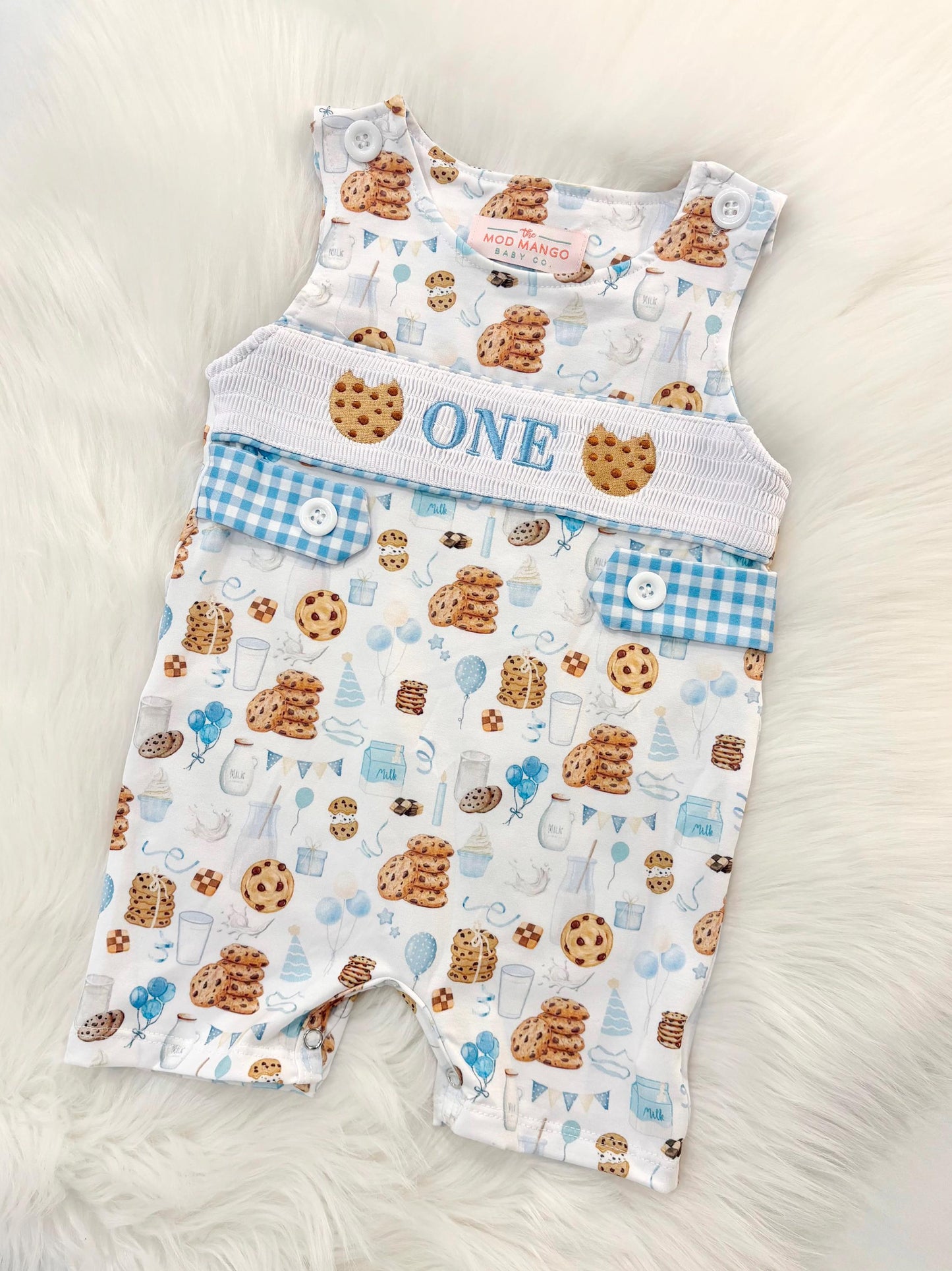 milk and cookies birthday boy romper sweet one cookies shortalls brown tan blue white gingham smash cake outfit overalls, ONE smocked romper first birthday cookies, milk and cookies embroidered smocked spring summer fall 1st birthday boy outfit romper baby boys sweets 1st birthday