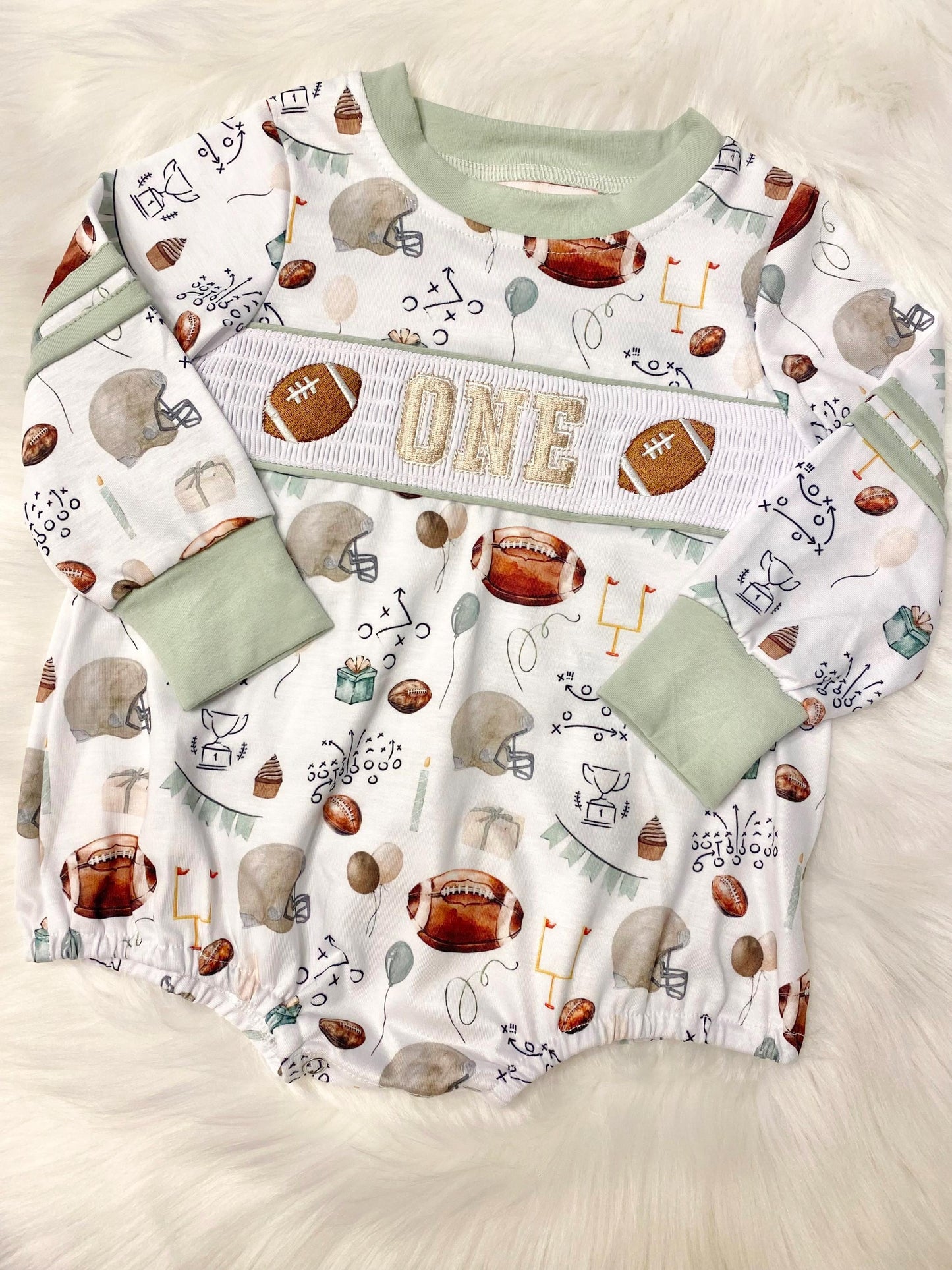 first year down football shirt first birthday boy romper fall green brown tan beige outfit, ONE smocked bubble romper first birthday footballs, party sports embroidered smocked 1st birthday outfit romper baby boys