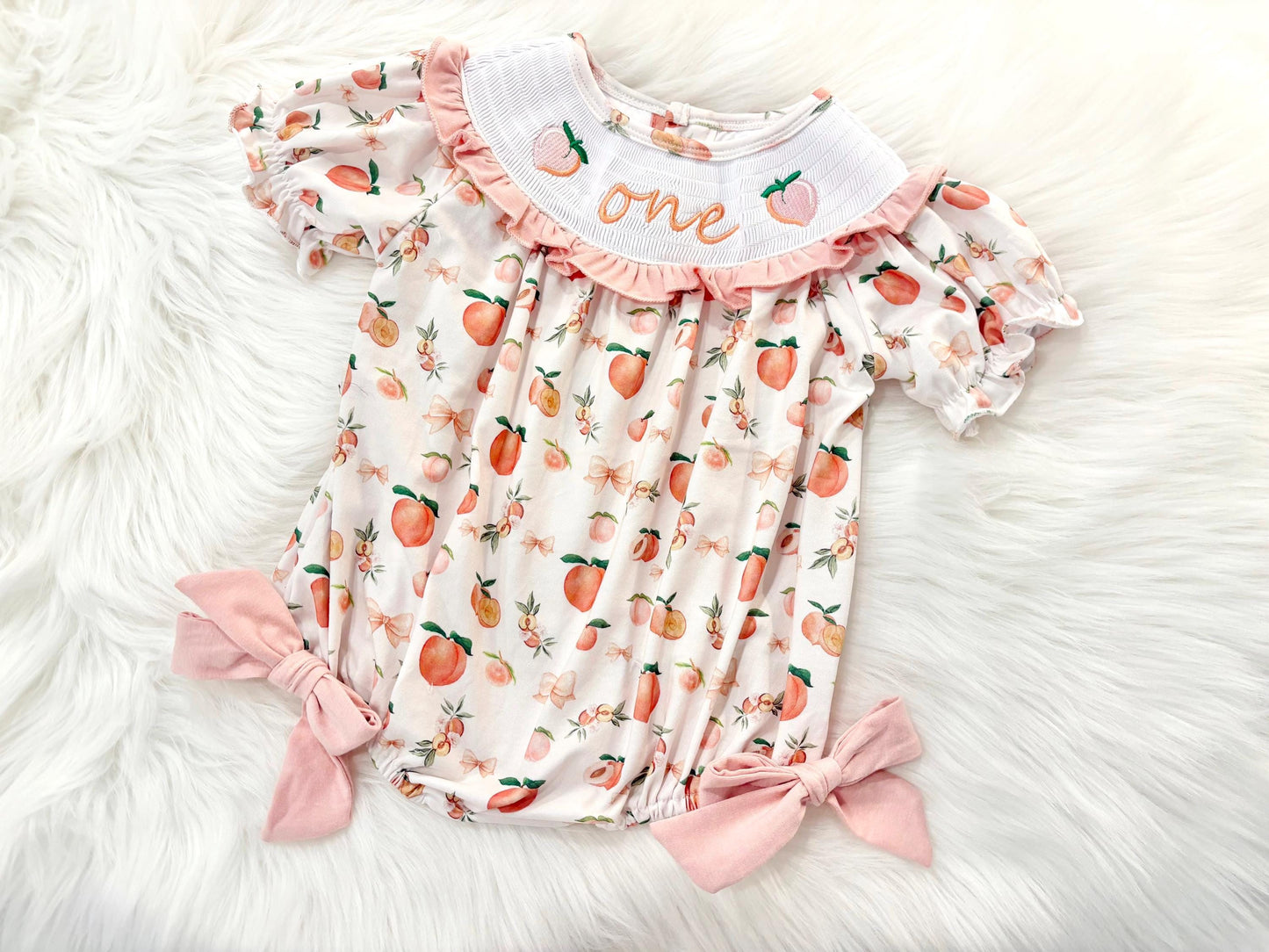 one sweet peach girls first birthday bubble romper outfit peachy blush pink bows first birthday girl romper peach and white outfit, peach smocked dress first birthday embroidered peaches smocked short sleeve 1st birthday outfit ruffle bubble romper baby girls