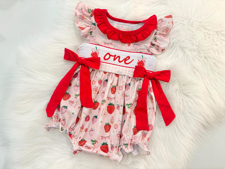 berry first birthday outfit bubble romper red and pink strawberries and bows first birthday girl romper pink red and white gingham outfit, girls berry sweet red white smocked bubble romper first birthday spring summer bows ruffle embroidered smocked strawberry 1st birthday outfit romper baby girl cake smash outfit fruit, the mod mango baby boutique co