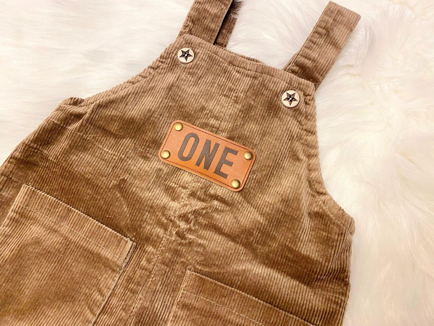 Brown tan cream neutral one boys romper first birthday overalls outfit, leather one patch, beary first, one happy camper, woodland first birthday, corduroy overalls baby boys first birthday outfit, fall winter boy birthday baby boys one romper outfit