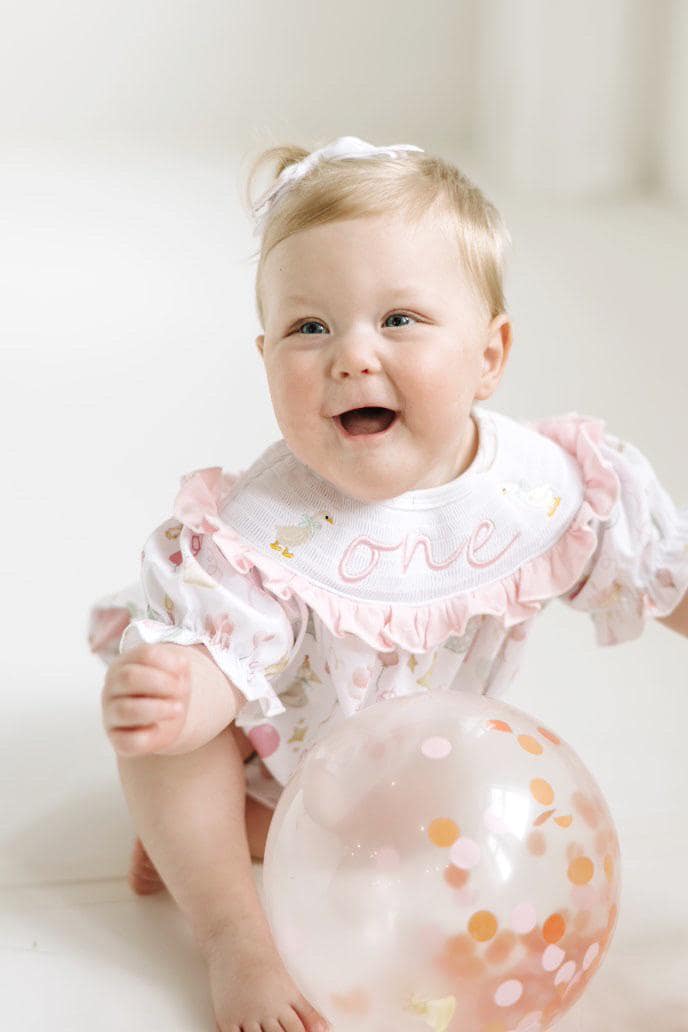 one silly goose girls first birthday bubble romper outfit pink bows first birthday girl romper pink and white outfit, pink sage green smocked dress first birthday embroidered goose smocked short sleeve 1st birthday outfit ruffle dress baby girls