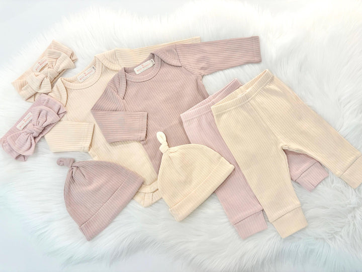 newborn baby girl twins outfit baby shower gift set bodysuit onesie hat leggings pants headband bow gift set, coming home outfit, going home outfit, take home outfit, newborn hospital basics, girl baby shower gift, organic cotton ribbed romper tie hat long sleeves boutique baby gift, twins, triplets' multiples outfits girl newborn baby khaki blush cream pink, the mod mango baby boutique co