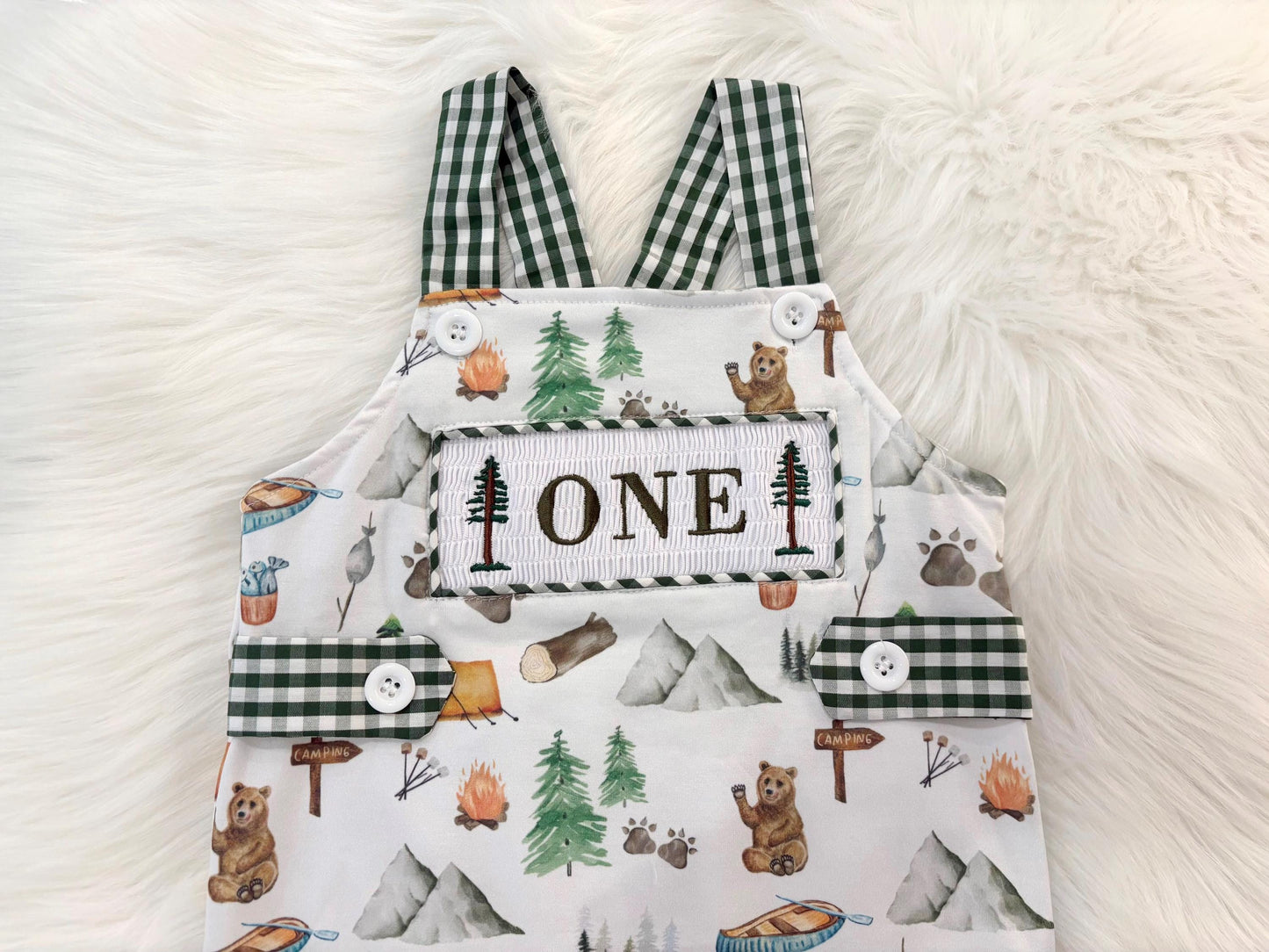 one happy camper first birthday boy romper camping hunter green white gingham tan beige brown smash cake outfit overalls, ONE smocked romper first birthday camping, outdoors embroidered smocked spring summer 1st birthday boy outfit romper baby boys