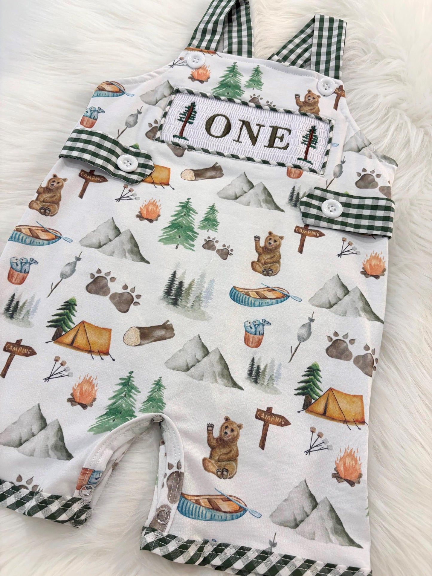 one happy camper first birthday boy romper camping hunter green white gingham tan beige brown smash cake outfit overalls, ONE smocked romper first birthday camping, outdoors embroidered smocked spring summer 1st birthday boy outfit romper baby boys