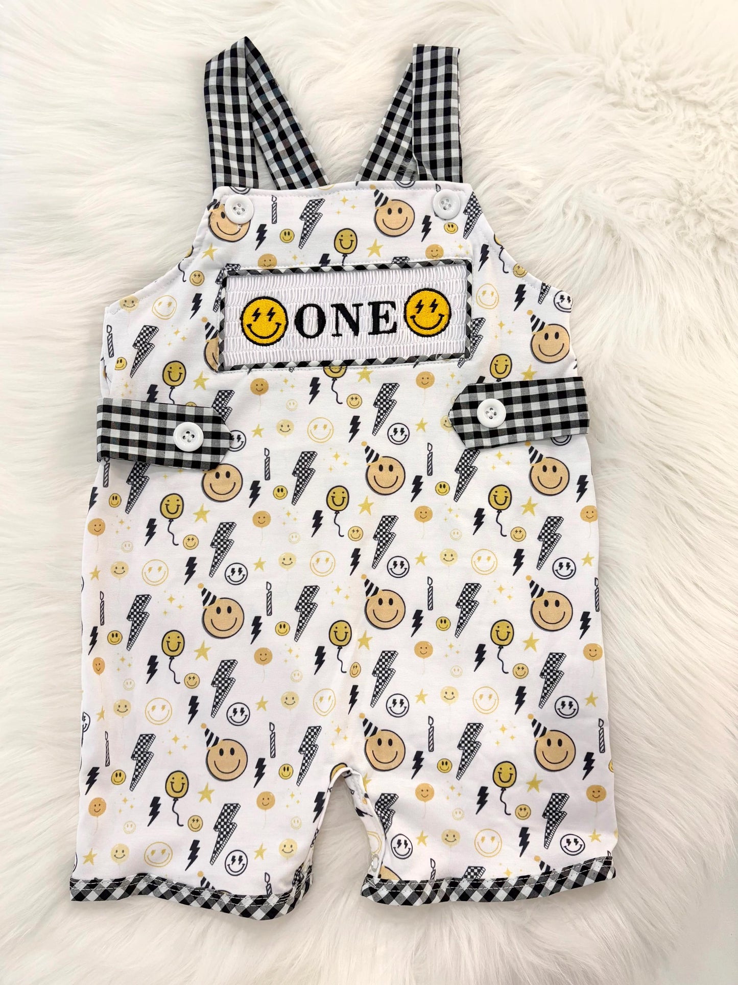 one happy dude first birthday boy romper smiley face yellow black white checkered gingham rad lightning bolt eyes smiley face smash cake outfit overalls, ONE smocked romper first birthday happy boy, happy face embroidered smocked spring summer 1st birthday boy outfit romper baby boys