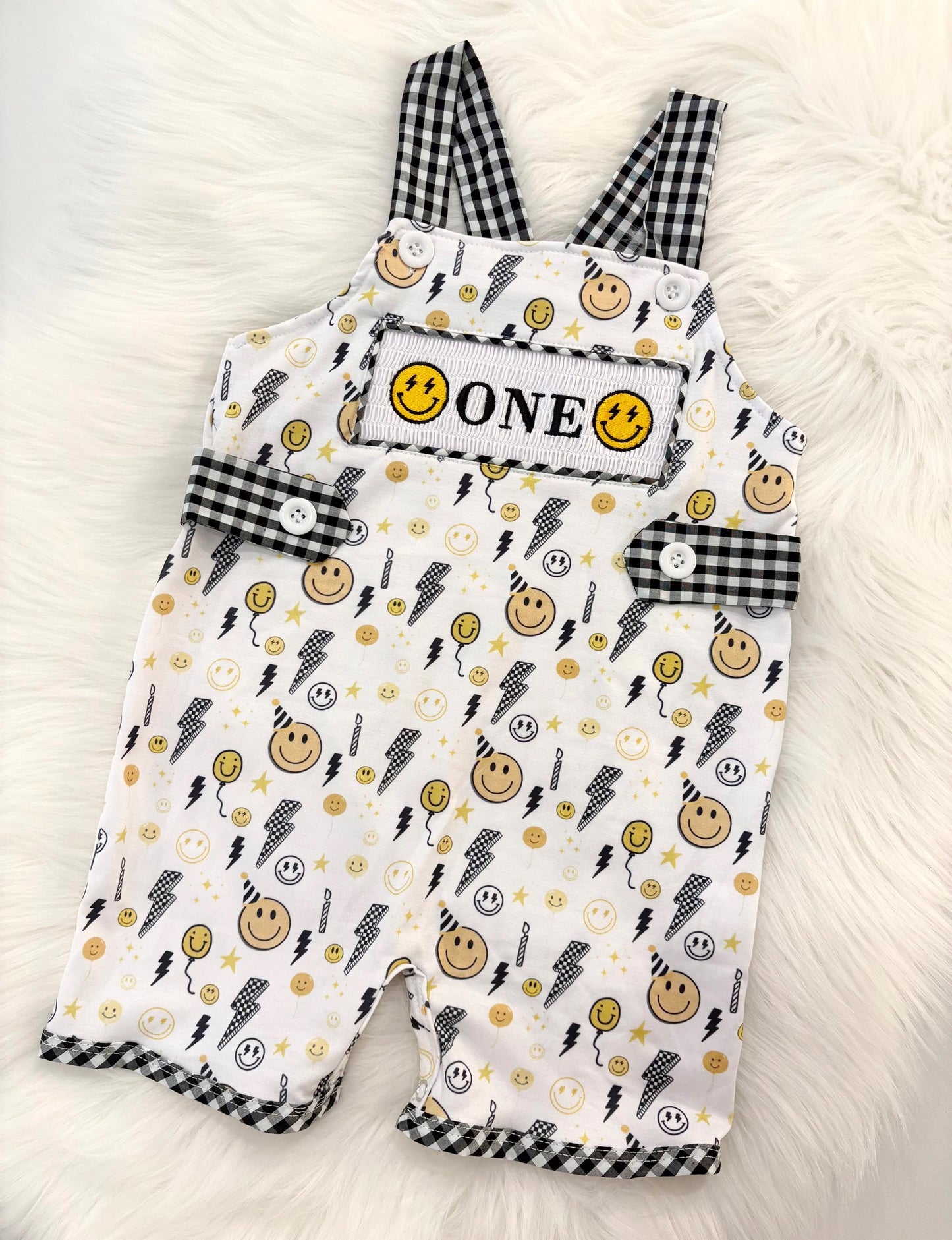one happy dude first birthday boy romper smiley face yellow black white checkered gingham rad lightning bolt eyes smiley face smash cake outfit overalls, ONE smocked romper first birthday happy boy, happy face embroidered smocked spring summer 1st birthday boy outfit romper baby boys