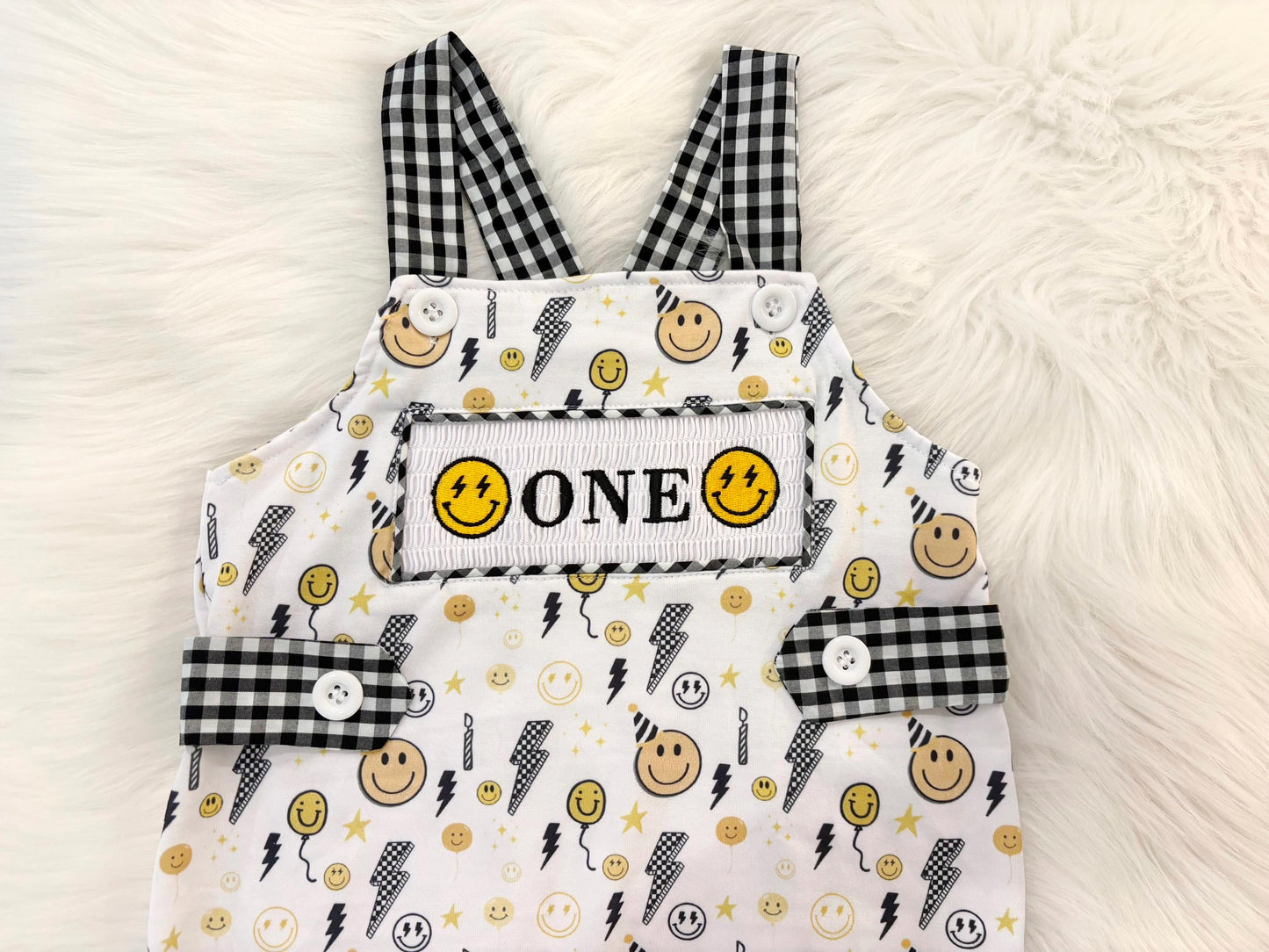 one happy dude first birthday boy romper smiley face yellow black white checkered gingham rad lightning bolt eyes smiley face smash cake outfit overalls, ONE smocked romper first birthday happy boy, happy face embroidered smocked spring summer 1st birthday boy outfit romper baby boys