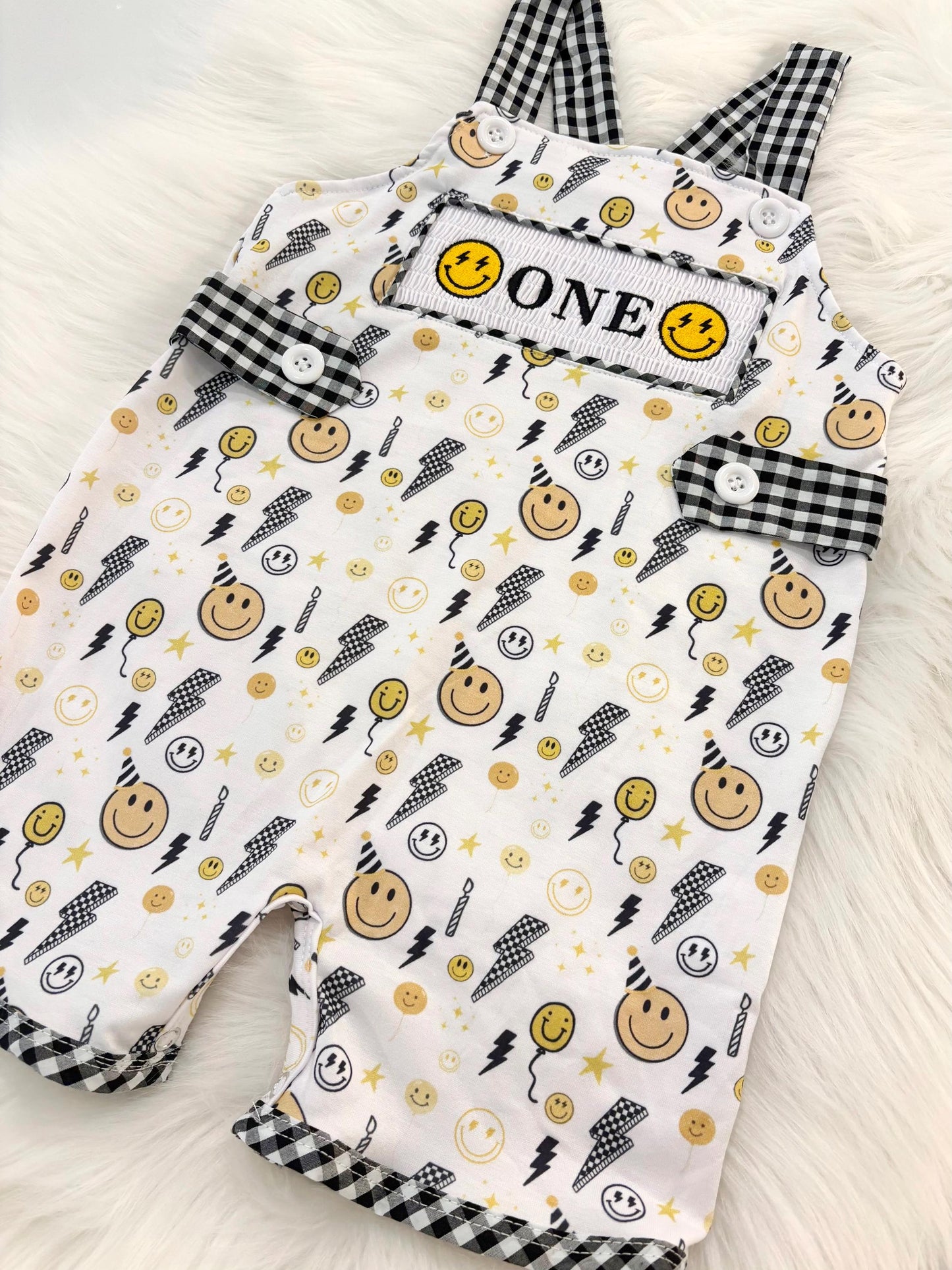 one happy dude first birthday boy romper smiley face yellow black white checkered gingham rad lightning bolt eyes smiley face smash cake outfit overalls, ONE smocked romper first birthday happy boy, happy face embroidered smocked spring summer 1st birthday boy outfit romper baby boys