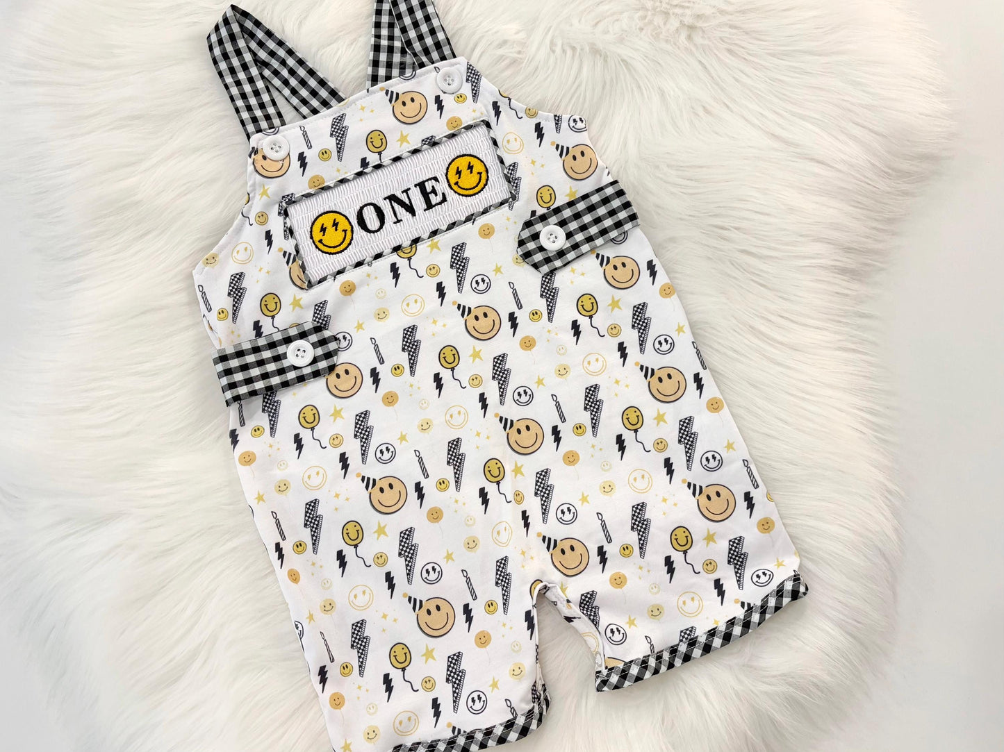one happy dude first birthday boy romper smiley face yellow black white checkered gingham rad lightning bolt eyes smiley face smash cake outfit overalls, ONE smocked romper first birthday happy boy, happy face embroidered smocked spring summer 1st birthday boy outfit romper baby boys