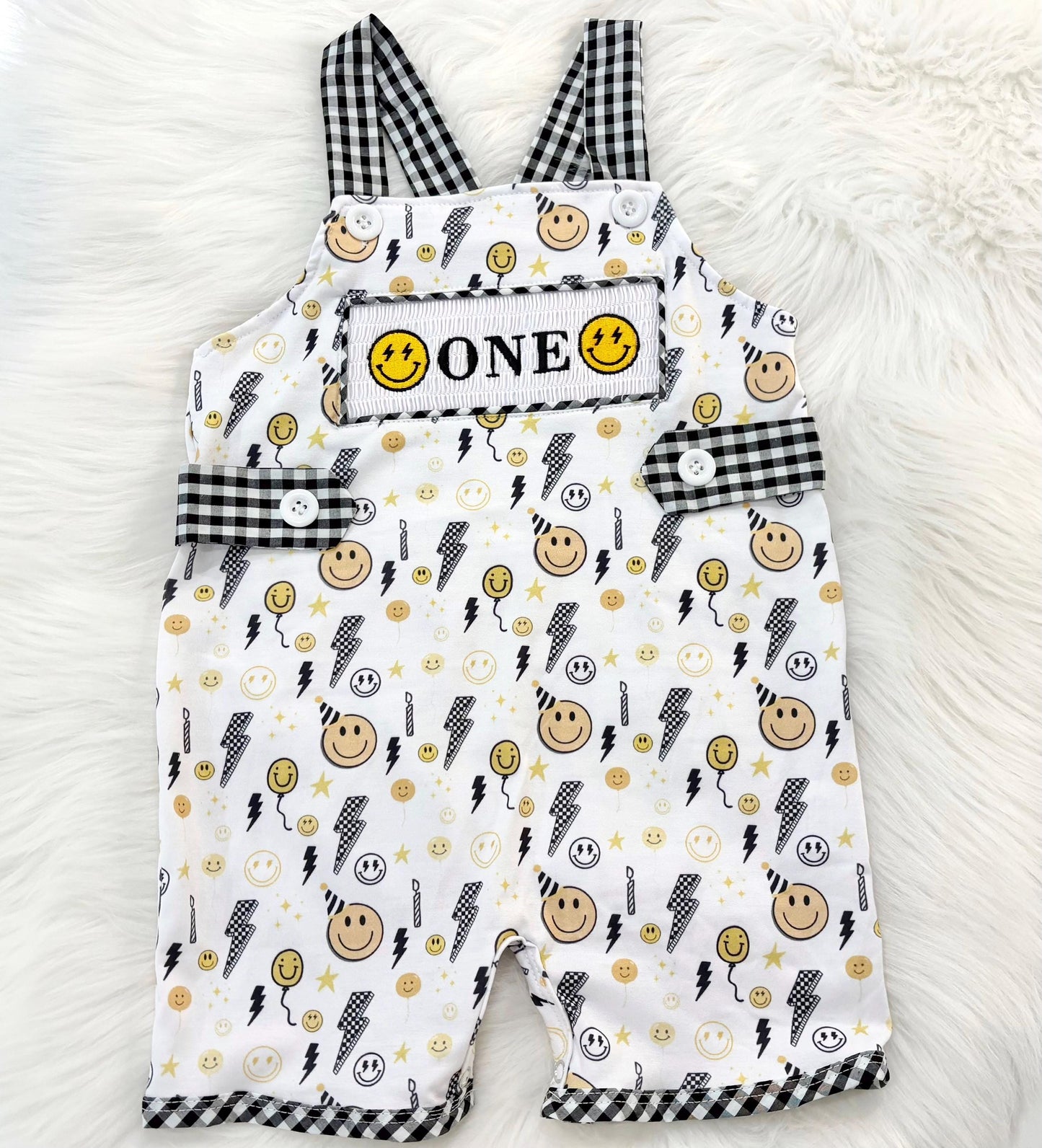 one happy dude first birthday boy romper smiley face yellow black white checkered gingham rad lightning bolt eyes smiley face smash cake outfit overalls, ONE smocked romper first birthday happy boy, happy face embroidered smocked spring summer 1st birthday boy outfit romper baby boys