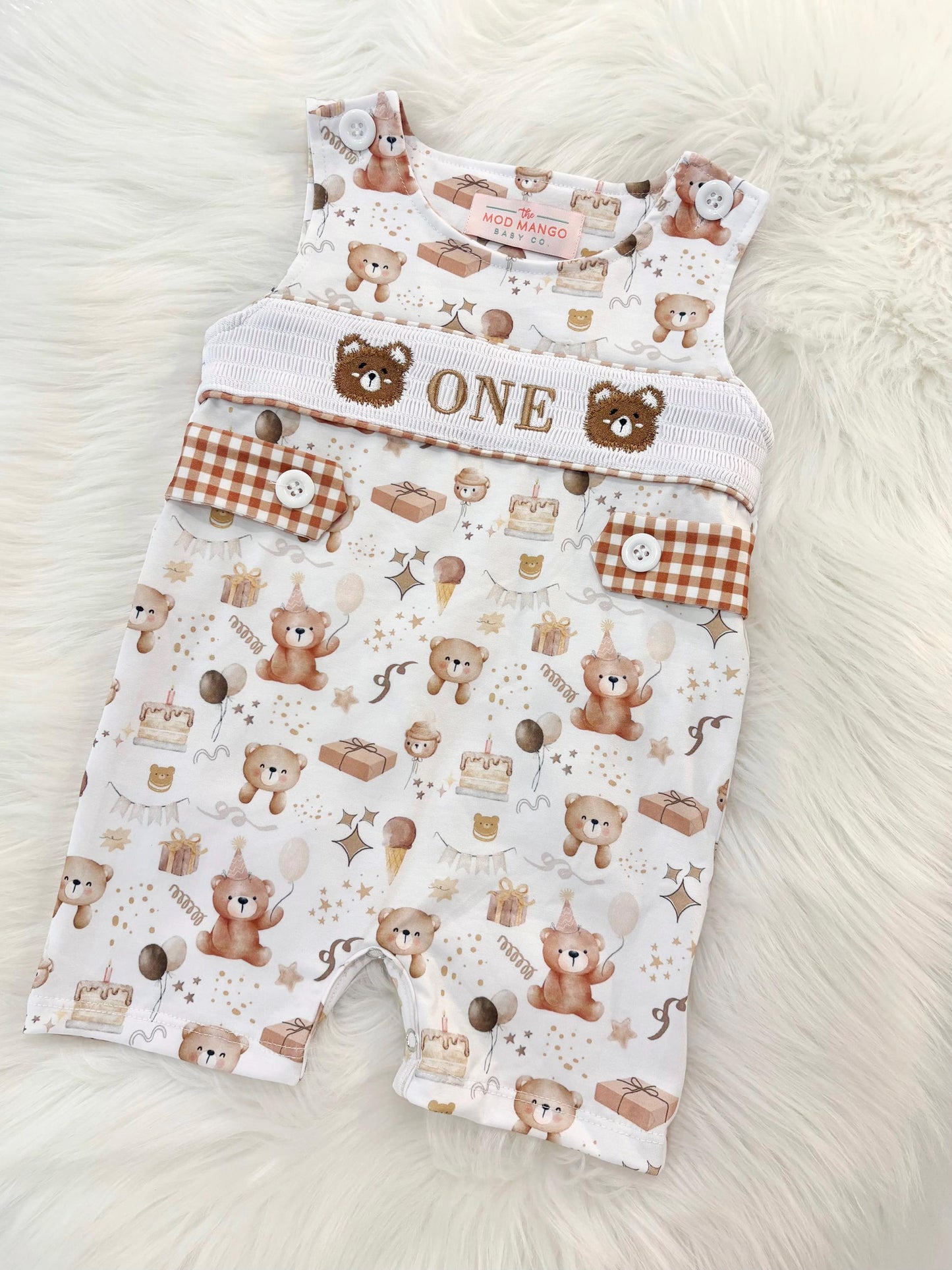 beary first birthday boy romper teddy bear shortalls brown tan beige white gingham smash cake outfit overalls, ONE smocked romper first birthday bears, teddy bear embroidered smocked spring summer fall 1st birthday boy outfit romper baby boys beary 1st birthday