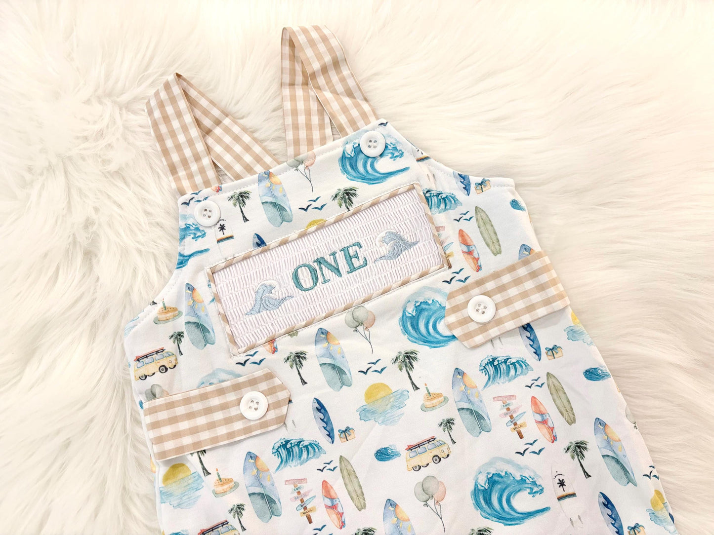 the big one first birthday boy romper my first wave summer beach surfer aqua blue tan white gingham yellow smash cake outfit overalls, ONE smocked romper first birthday beach party surfing, ocean embroidered smocked spring summer 1st birthday boy outfit romper baby boys
