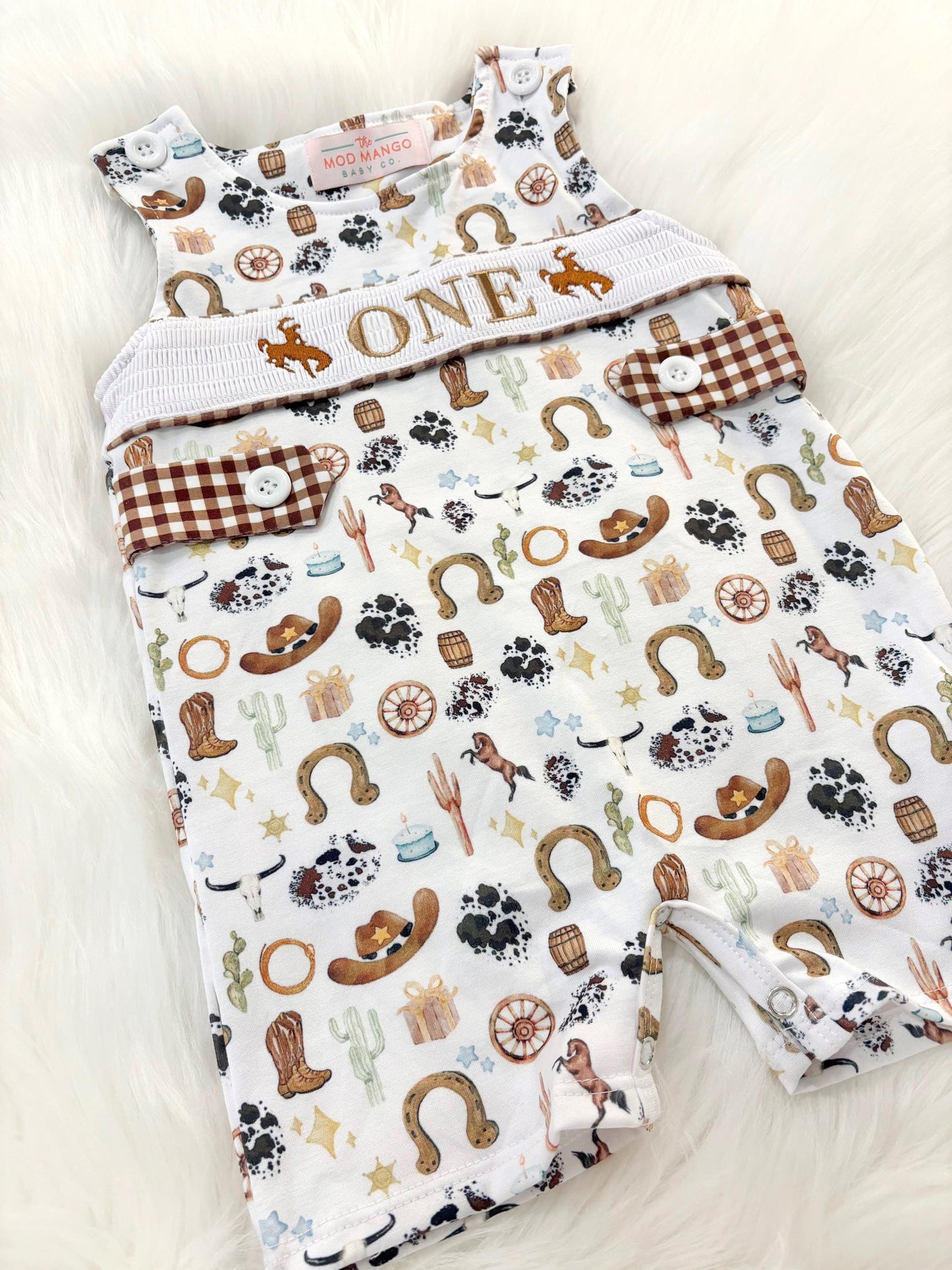 my first rodeo birthday boy romper cowboy western shortalls brown tan beige white gingham smash cake outfit overalls, ONE smocked romper first birthday cowboy, rodeo western cowboy embroidered smocked spring summer fall 1st birthday boy outfit romper baby boys rodeo 1st birthday