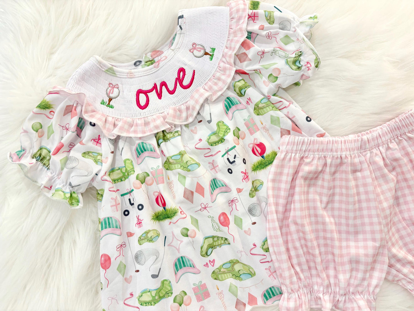 hole in one golf outfit shirt and bubble shorts first birthday girl romper spring baby pink and white gingham argyle green hot pink scalloped shirt shorts outfit, ONE smocked romper first birthday par tee, golfing golf balls embroidered smocked 1st birthday outfit romper baby girls golf first birthday outfit