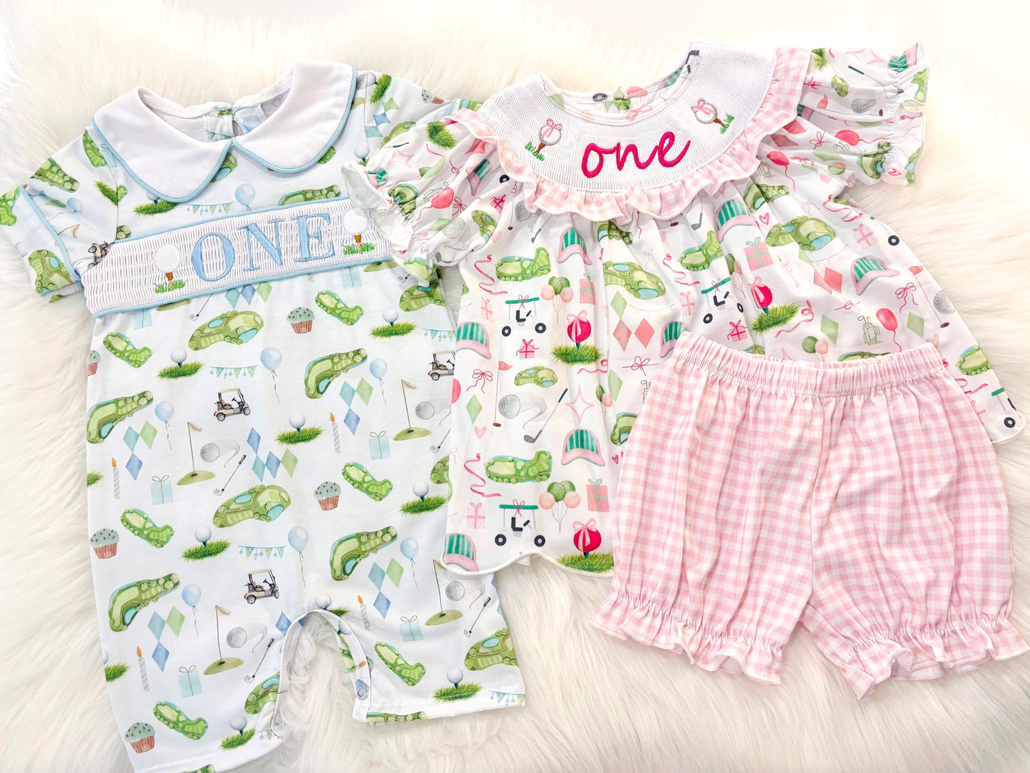 hole in one golf outfit shirt and bubble shorts first birthday girl romper spring baby pink and white gingham argyle green hot pink scalloped shirt shorts outfit, ONE smocked romper first birthday par tee, golfing golf balls embroidered smocked 1st birthday outfit romper baby girls golf first birthday outfit twins