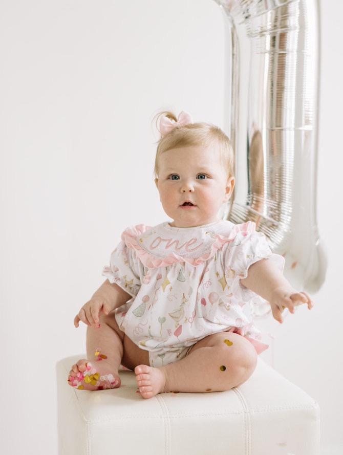 one silly goose girls first birthday bubble romper outfit pink bows first birthday girl romper pink and white outfit, pink sage green smocked dress first birthday embroidered goose smocked short sleeve 1st birthday outfit ruffle dress baby girls