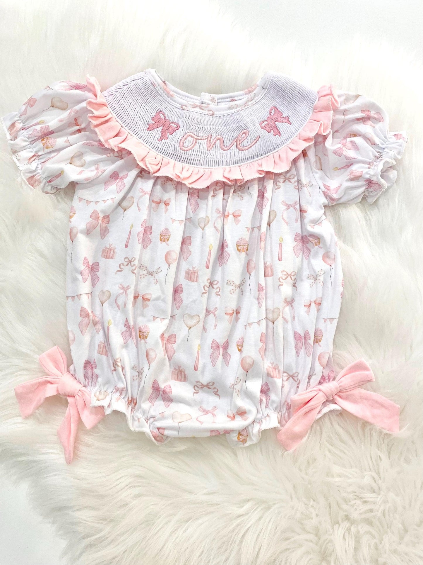 Pink Bow ONE First Birthday Girl Outfit Coquette Smocked Bubble Romper