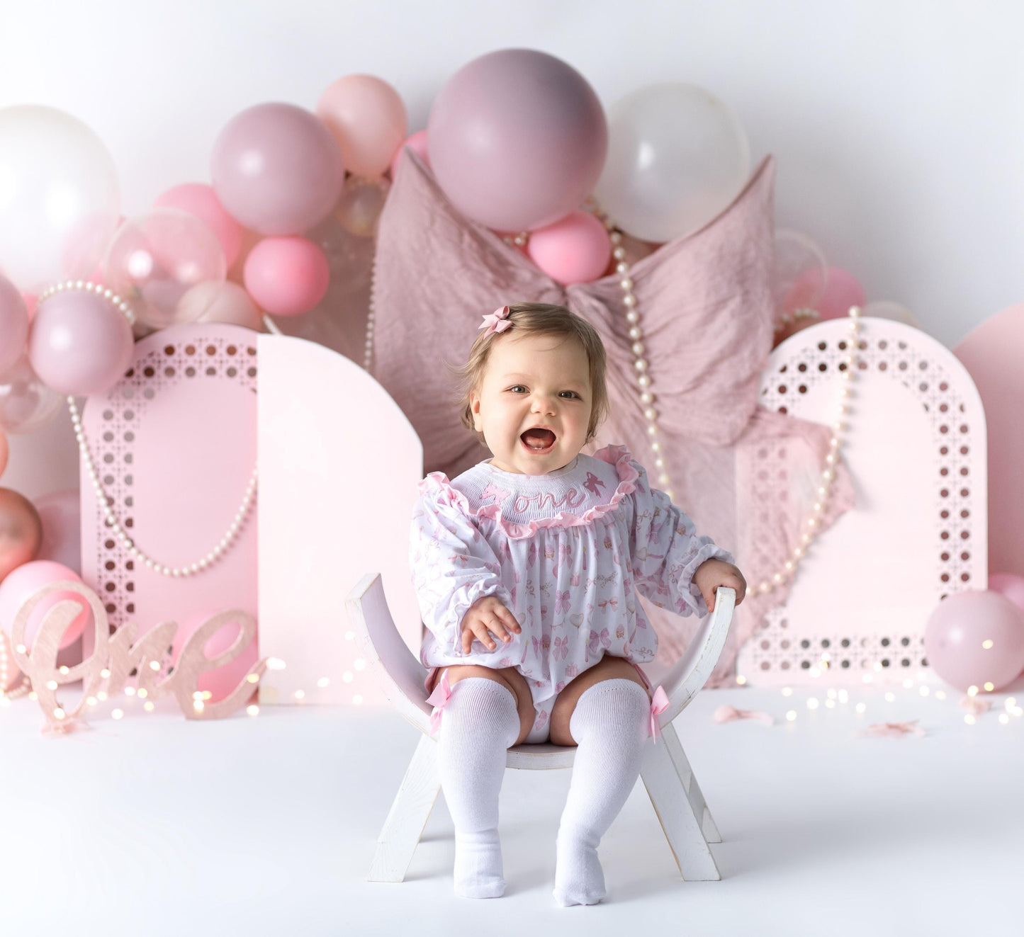 pink bow first birthday girl romper pink and white outfit, pink white smocked bubble romper first birthday winter bows ruffle bows embroidered smocked long sleeve 1st birthday outfit romper baby girls