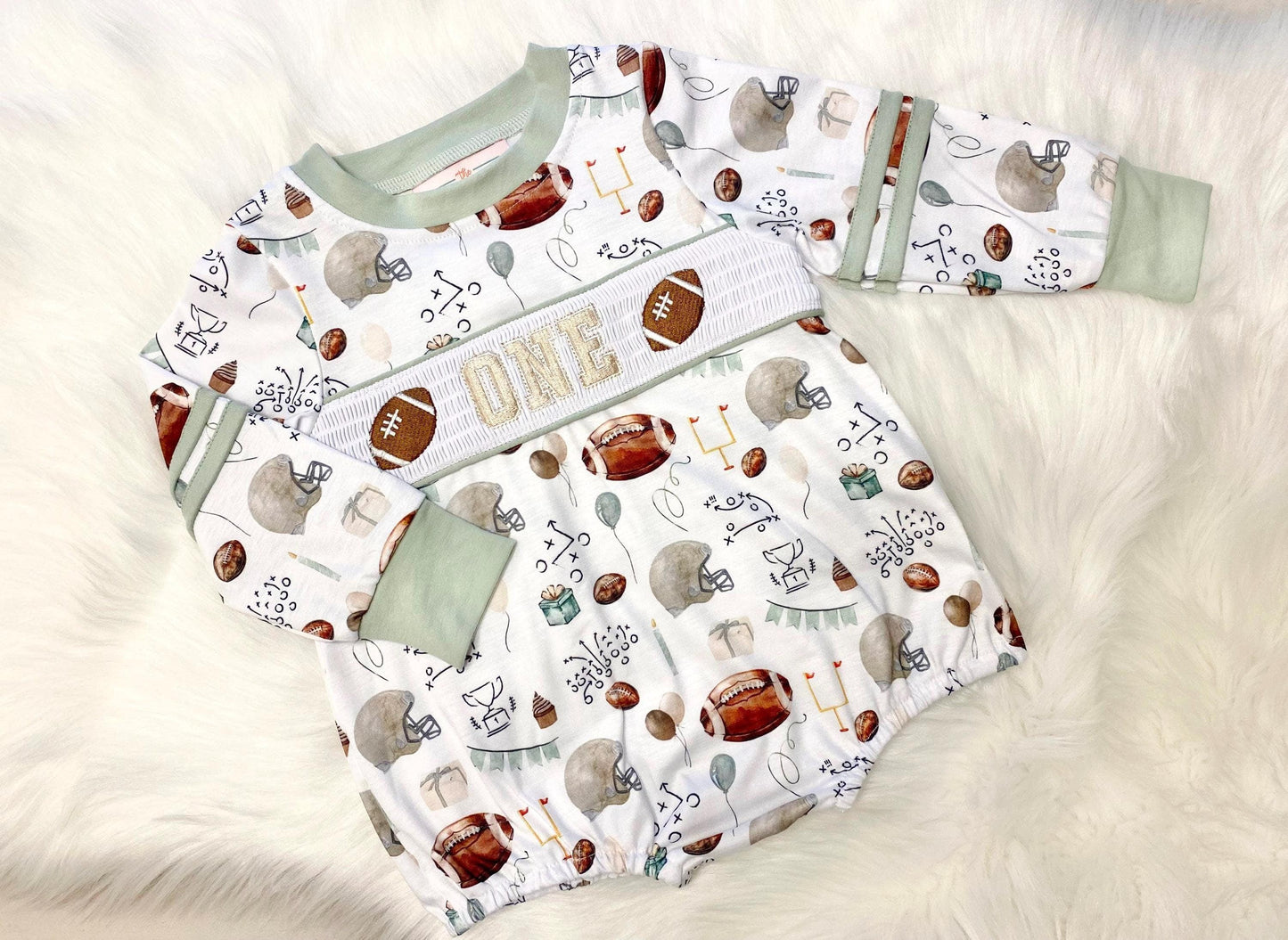 football first birthday shirt outfit romper first birthday boy romper fall sage green brown tan beige outfit, ONE smocked bubble romper first birthday footballs, party sports embroidered smocked 1st birthday outfit romper baby boys