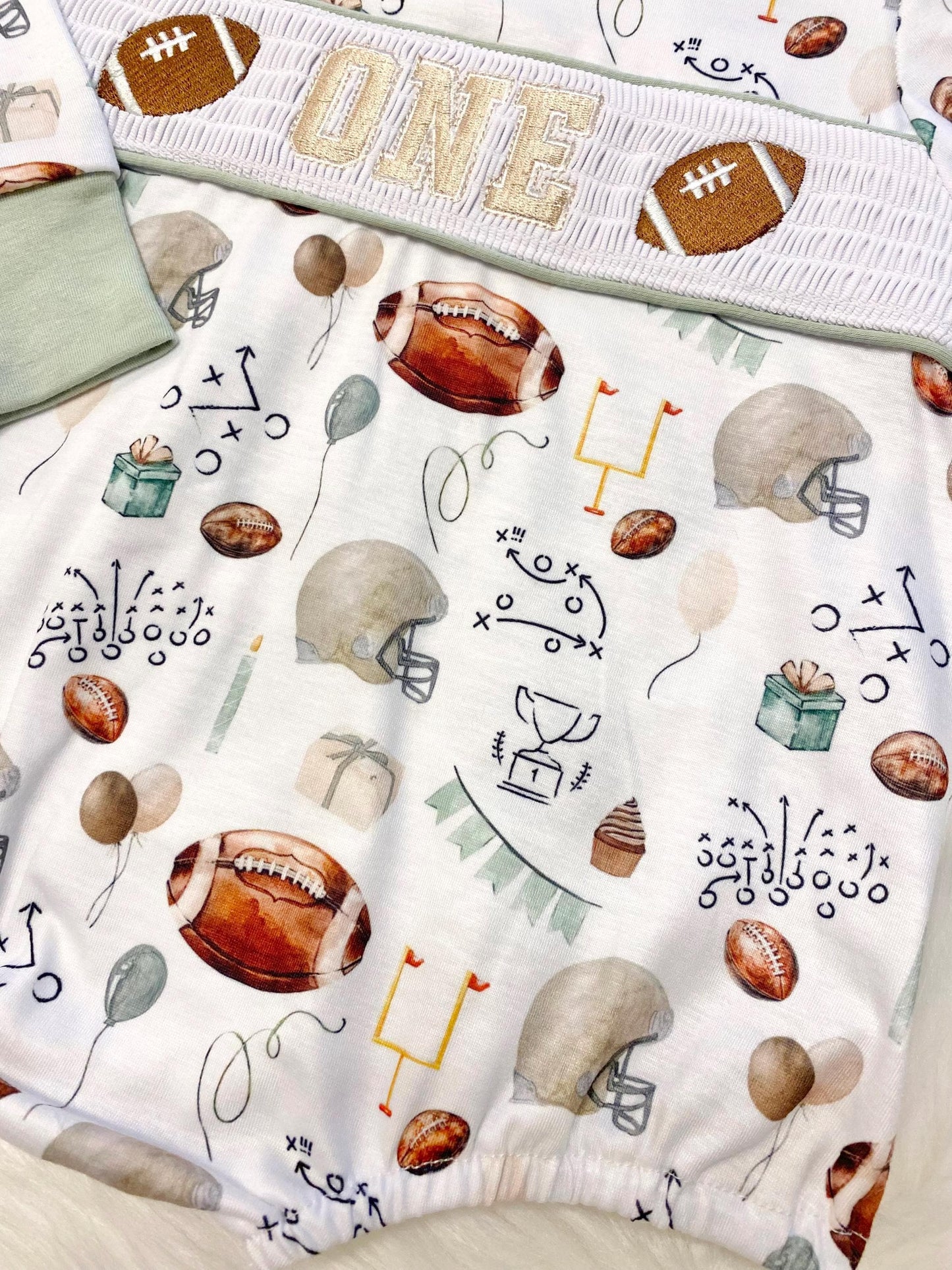 first year down football shirt first birthday boy romper fall green brown tan beige outfit, ONE smocked bubble romper first birthday footballs, party sports embroidered smocked 1st birthday outfit romper baby boys